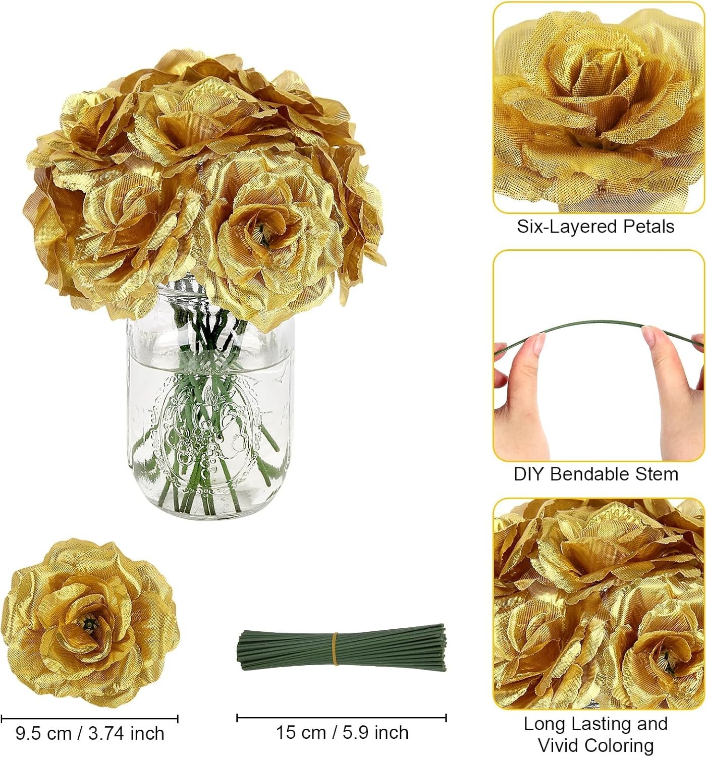 Rose Head Flowers with Stem – 108pcs Gold Rose Artificial Flowers Bulk – 3.1’…
