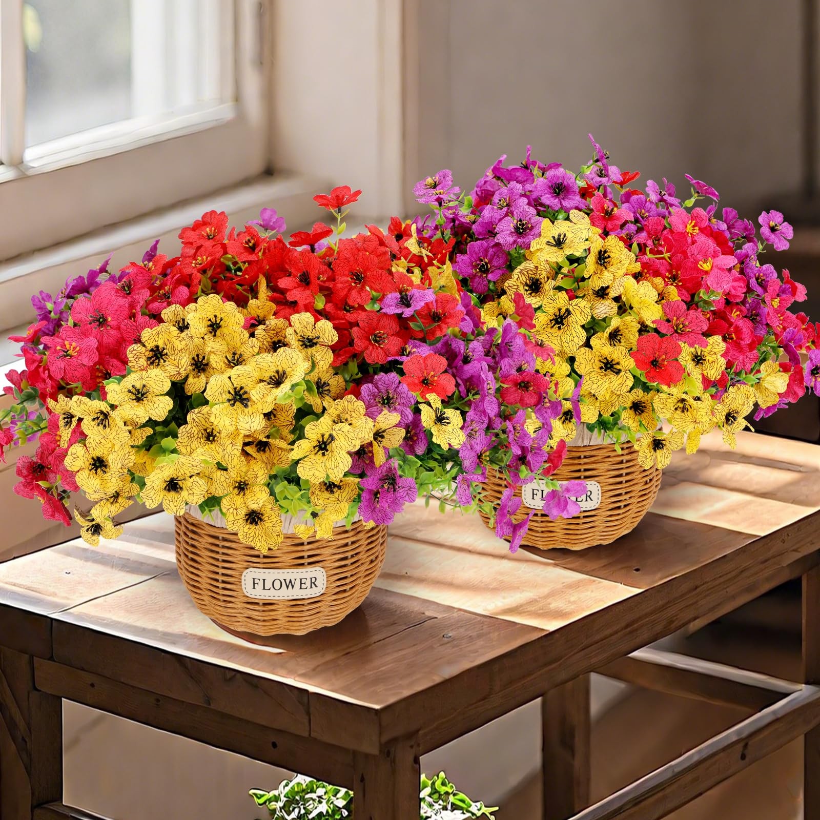 2-Pack Artificial Potted Mums with Rattan Baskets for Table Decor