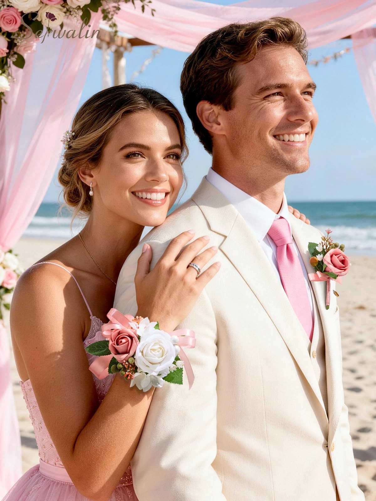 Pink Artificial Rose Corsage and Boutonniere Set Wristlet for Prom Wedding