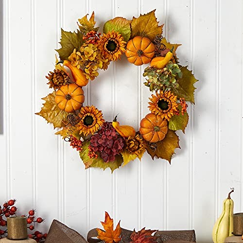 22in. Autumn Hydrangea, Pumpkin and Sunflower Artificial Fall Wreath