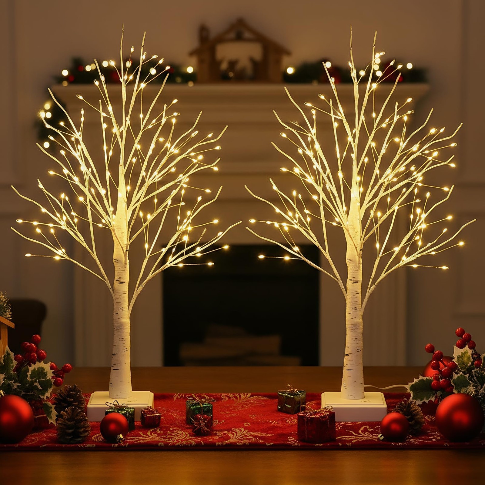2ft Lighted Birch Tree with 144 Warm White LEDs 2 Pack Small White Christmas…
