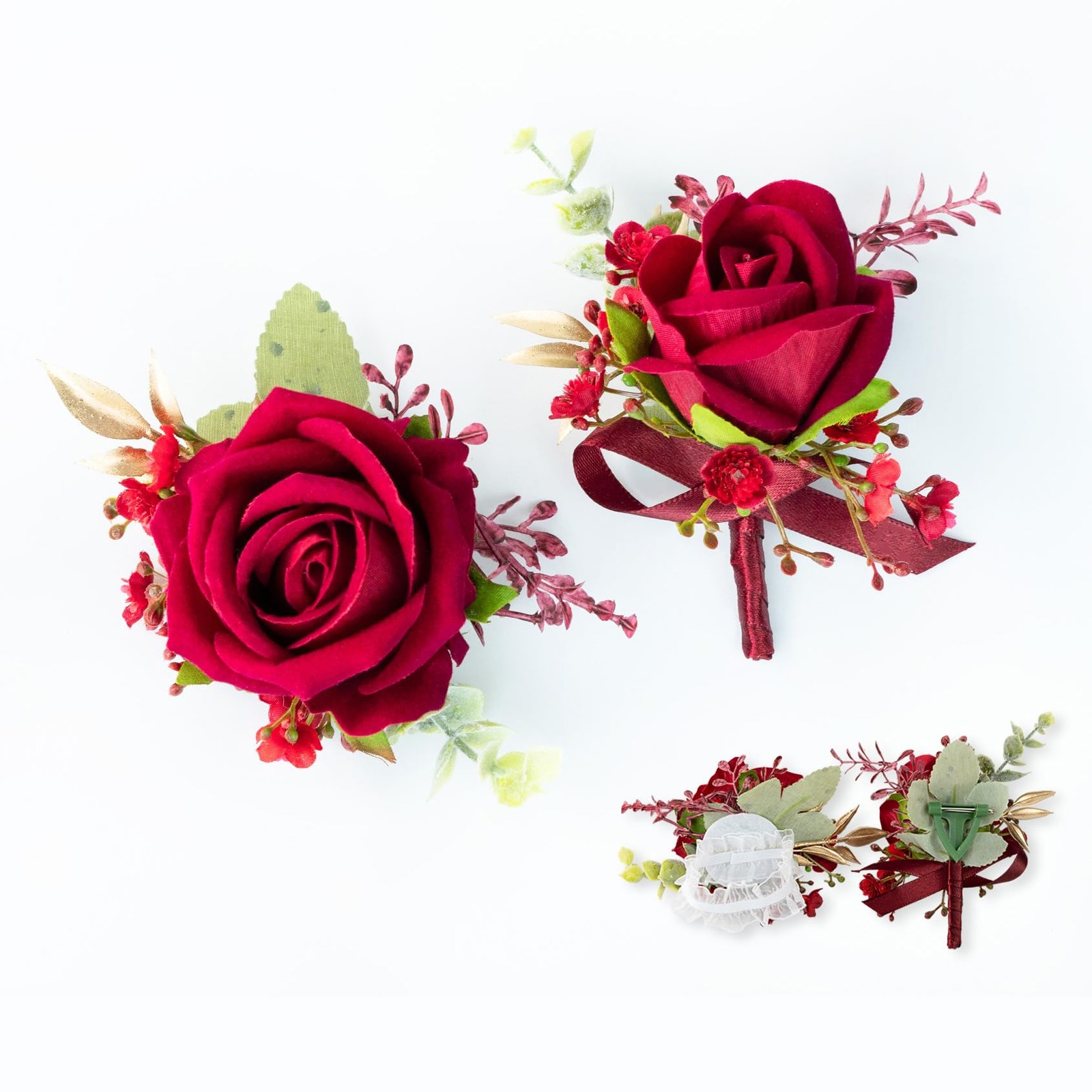 Burgundy Corsage And Boutonniere Set Artificial Rose Groom Mother Bride Pro
