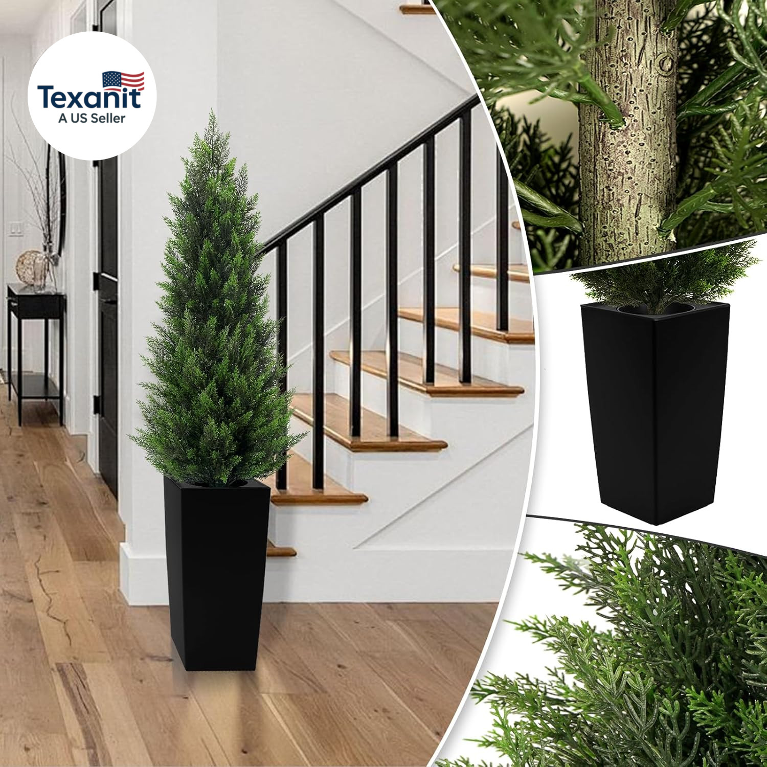 5FT Tall 2 Pack Artificial Cedar Topiary Trees with Compact Pyramidal Shape, Rea