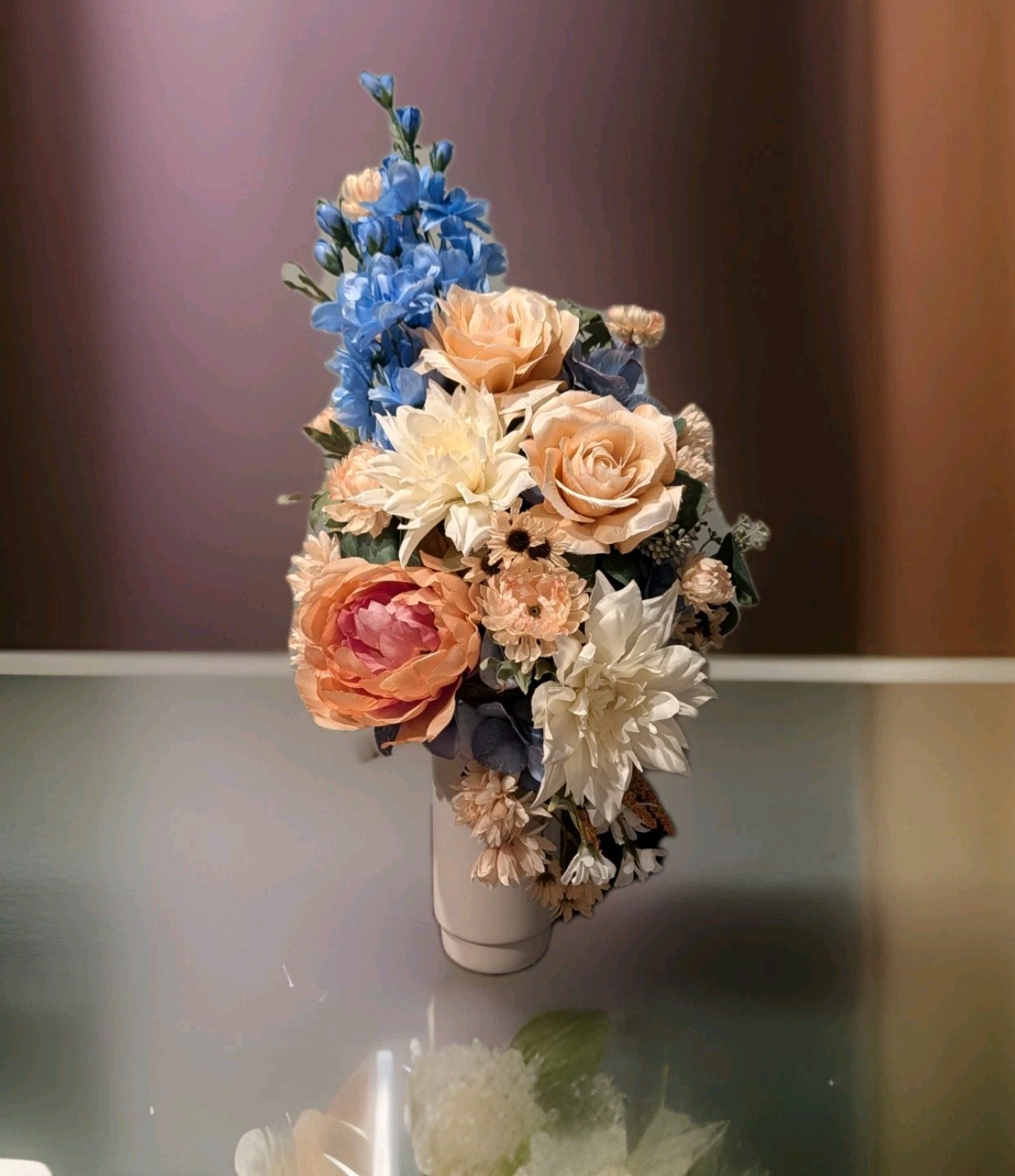 Handmade Artificial Flower Arrangement In Blue, Peach, Ivory