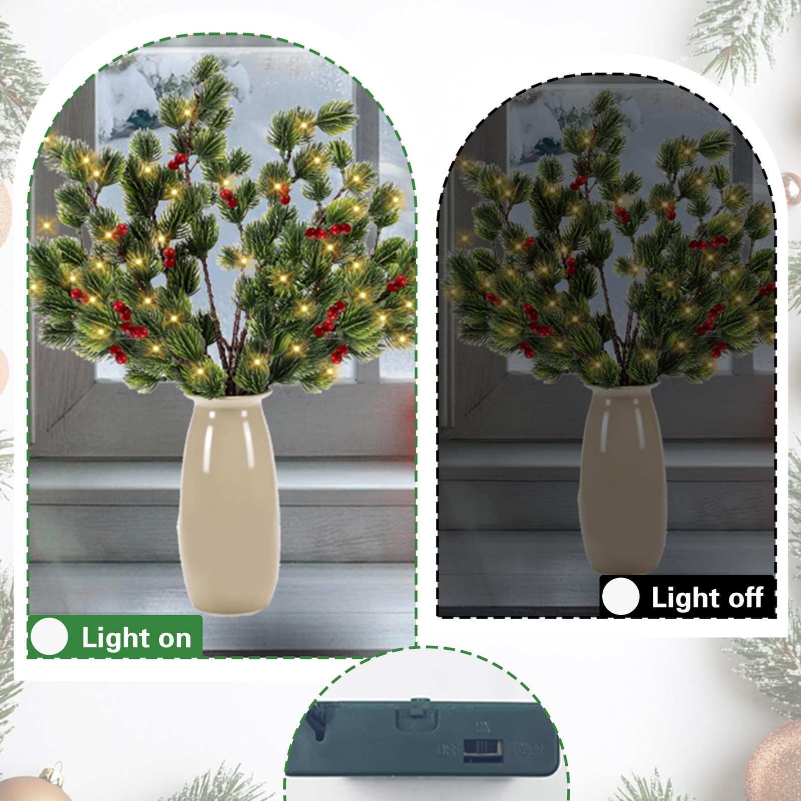 2 PCS Lighted Christmas Pine Brenches for Vase, Prelit Artificial Twigs with …