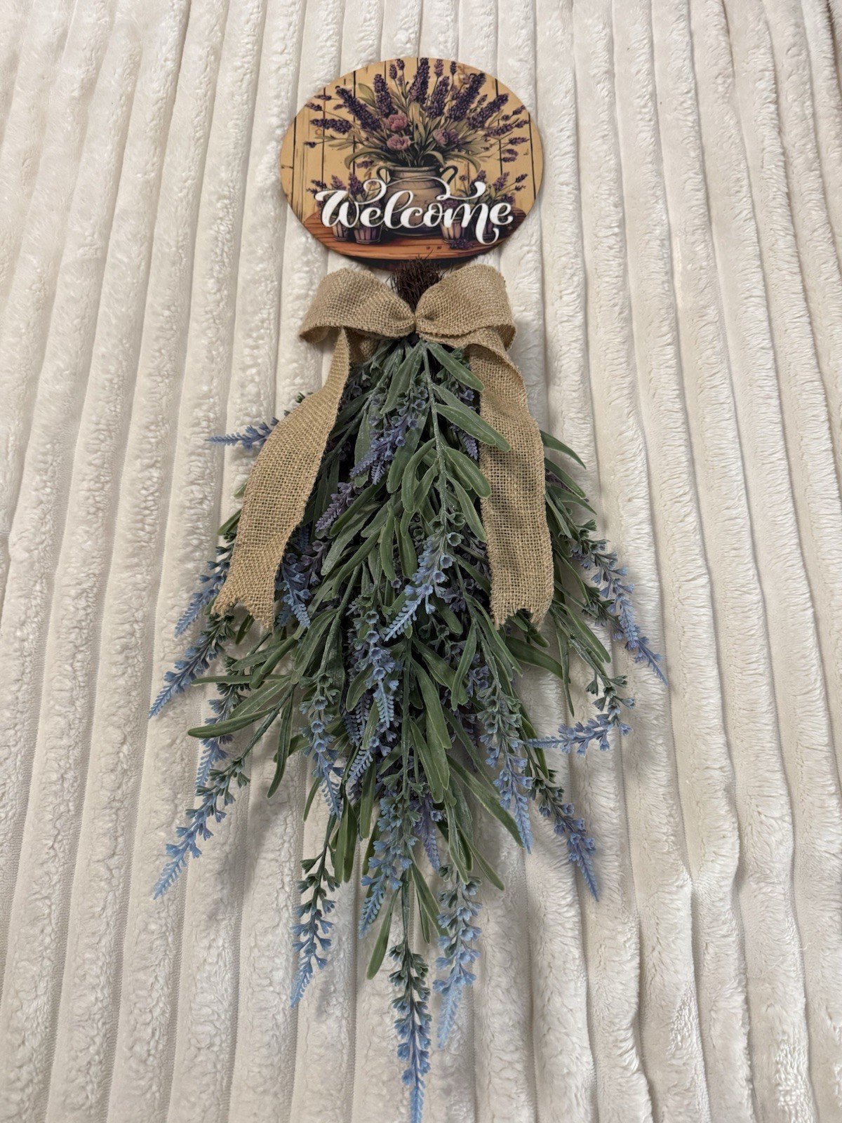 Farmhouse PURPLE Lavender Teardrop Hanging Flower Wreath And Welcome Sign Decor