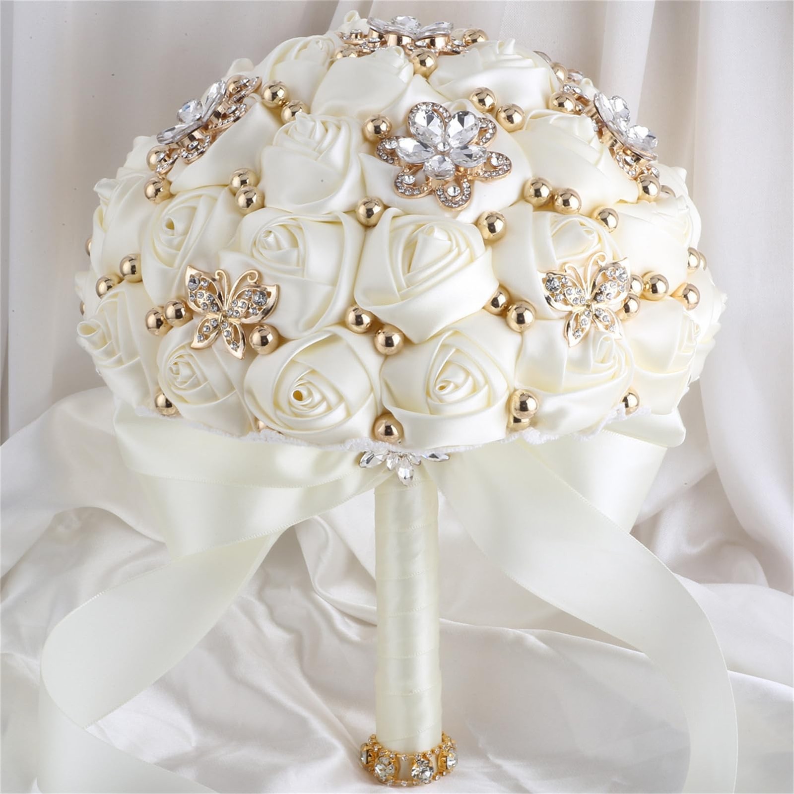 66#Ivory Mini 6.3 Inch/16cm Bridal Wedding Bouquet Toss Rose Flower Brooch