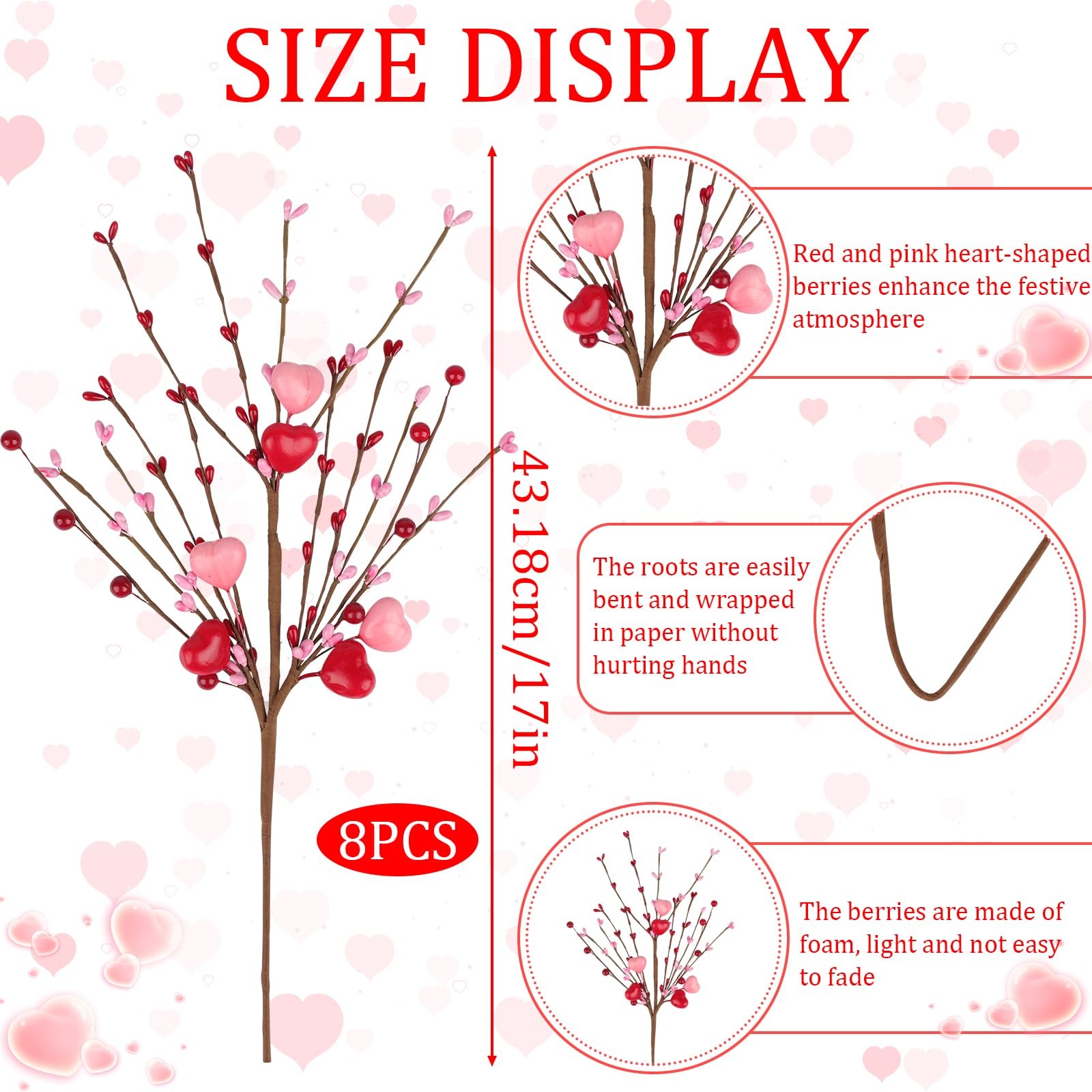 Heart Shaped Berry Picks 8 PCS 17 inch Artificial Valentines Flowers
