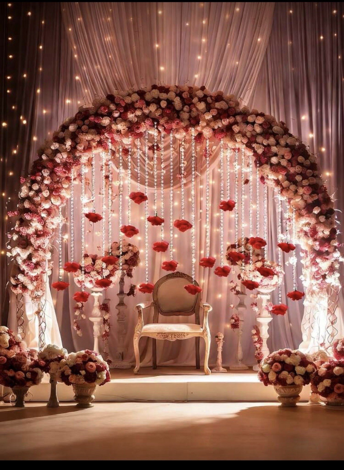 Artificial Red Rose Hanging Decor with Crystal Bead Strands, 7cm Roses 21 pcs