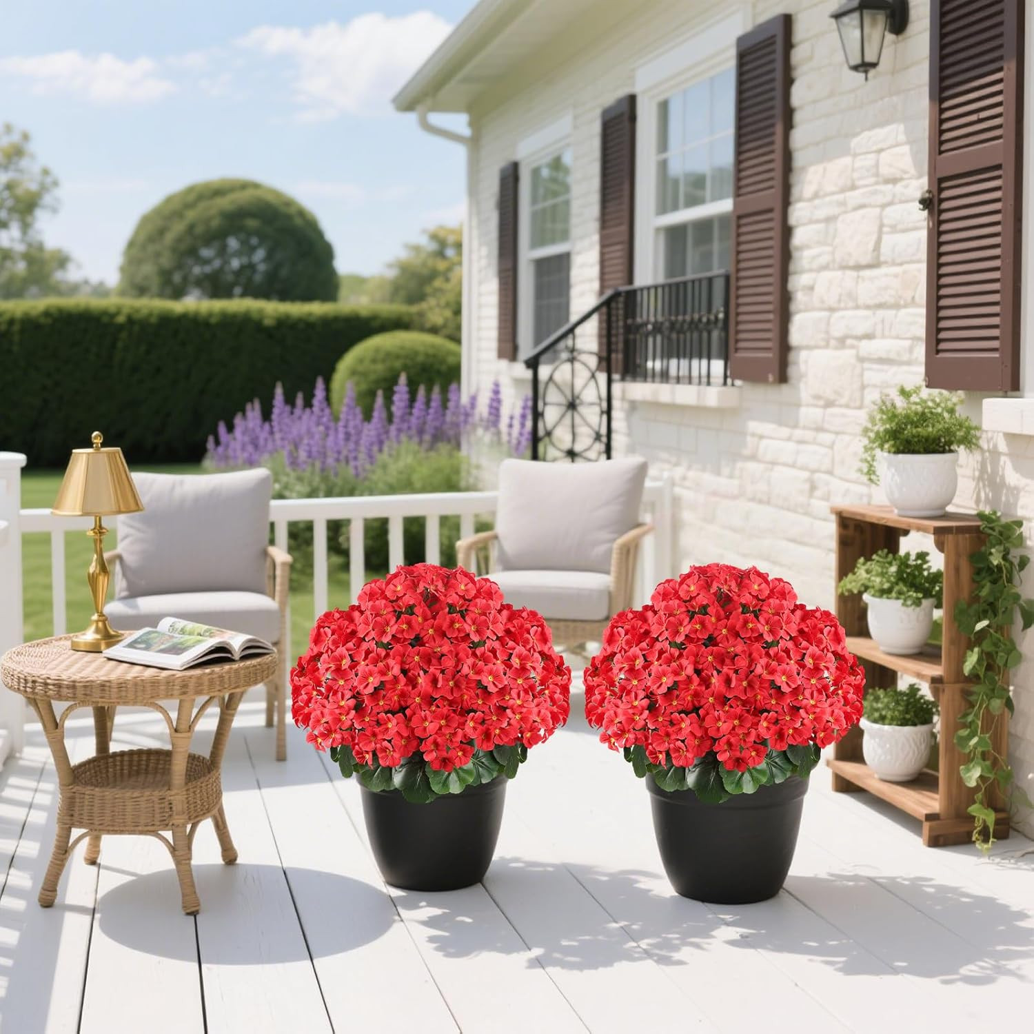 UV Resistant 20″ Artificial Geraniums in Pot for Outdoor Decor & Garden