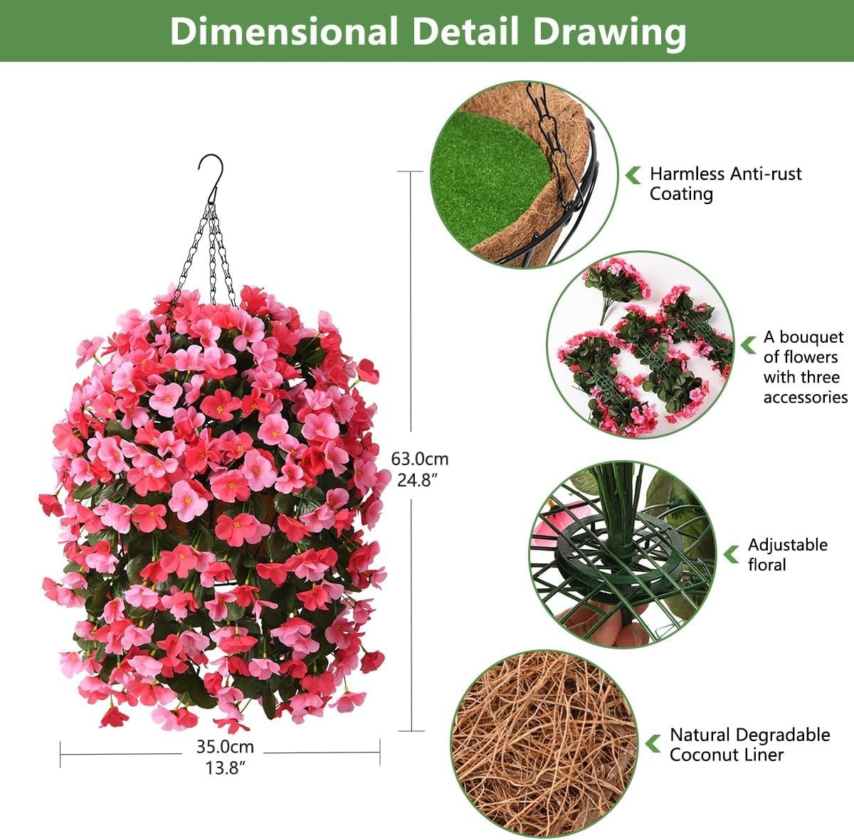 Low Maintenance Hanging Flower Basket – 4 Silk Begonias for Outdoor Elegance