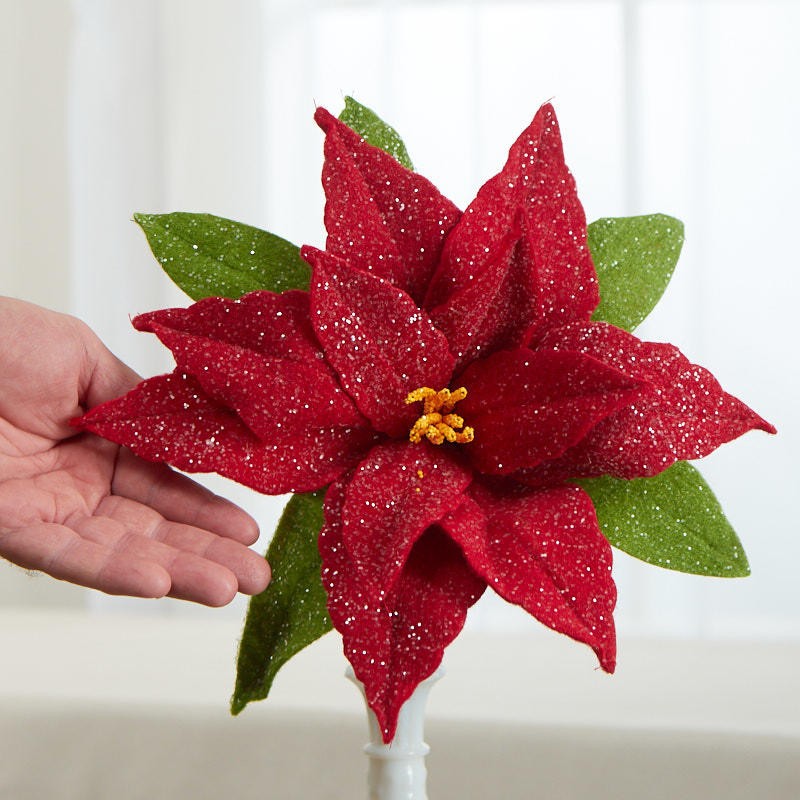 Red Glittered Artificial Poinsettia 11-1/2″ Floral Stem