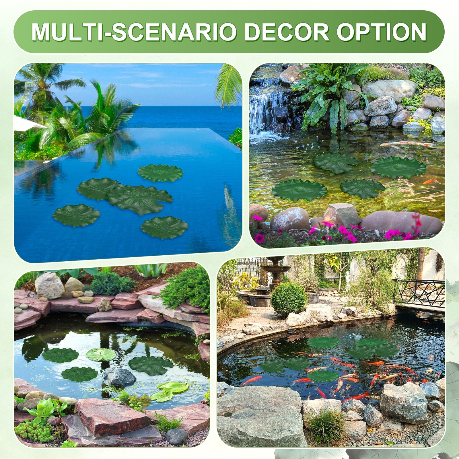 4-Pack Artificial Floating Foam Water Lily Pads Leaves, 4 Sizes [Green]
