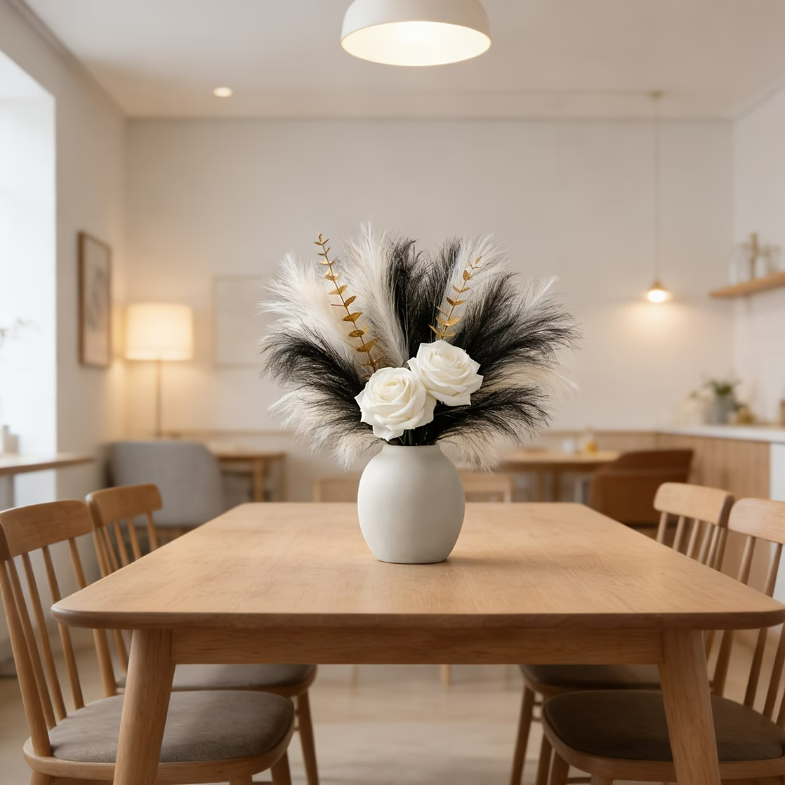 A Set of Artificial White Roses, Artificial White Pampas Grass, Black Pampas.
