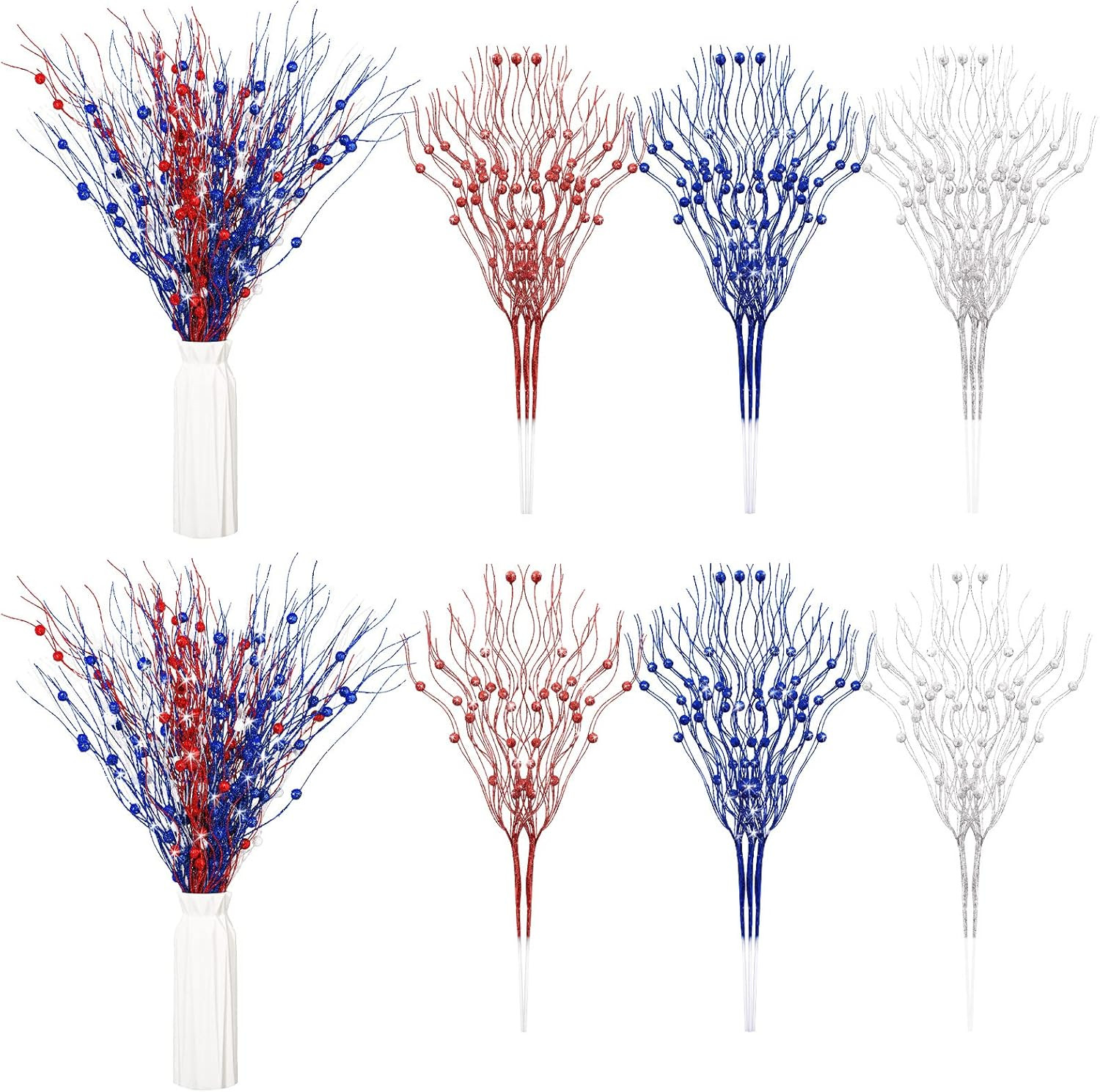16 Pack Red White and Blue Artificial Flowers 17 Inches 4Th of July Glitter S…