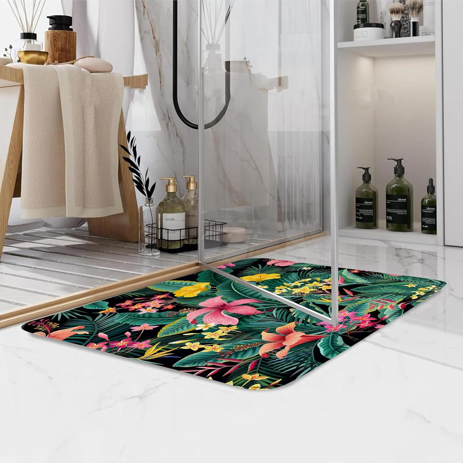 Tropical Leaves Flower Bath Mat Green Palm Banana Leaf Pink Floral Plant Botanic