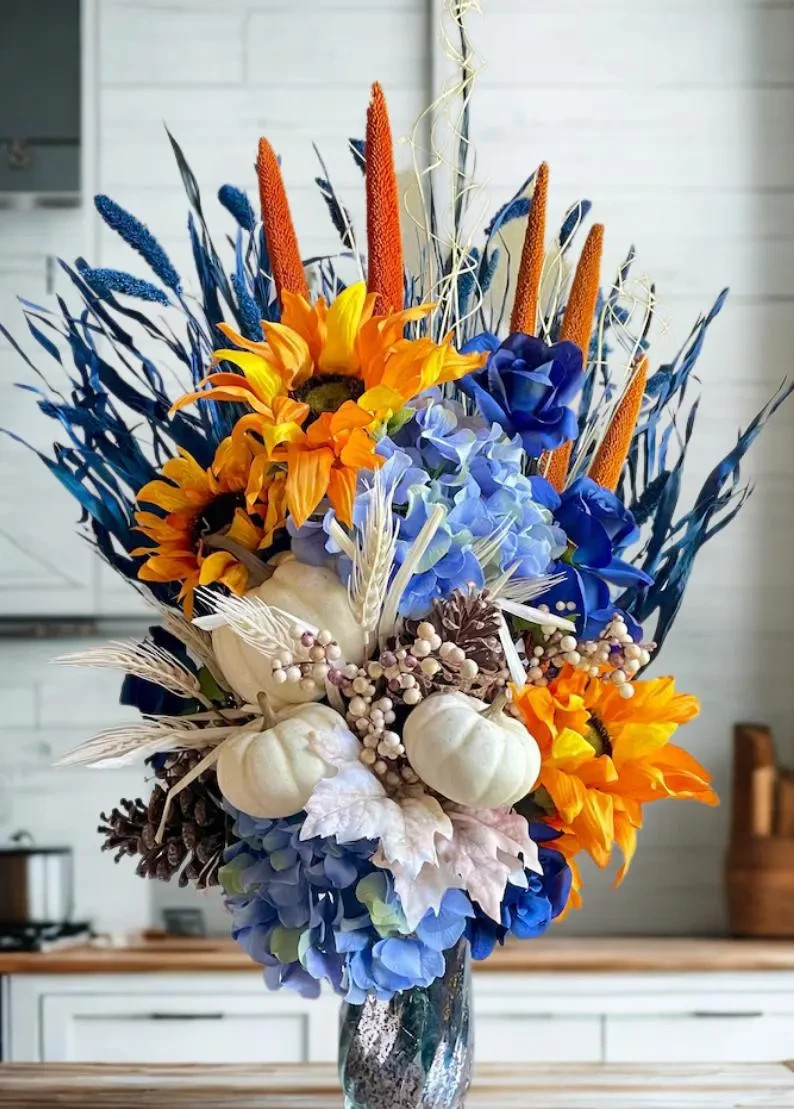 Sunflower Floral Arrangement: Blue Summer & Fall Home Decor, Table Centerpiece