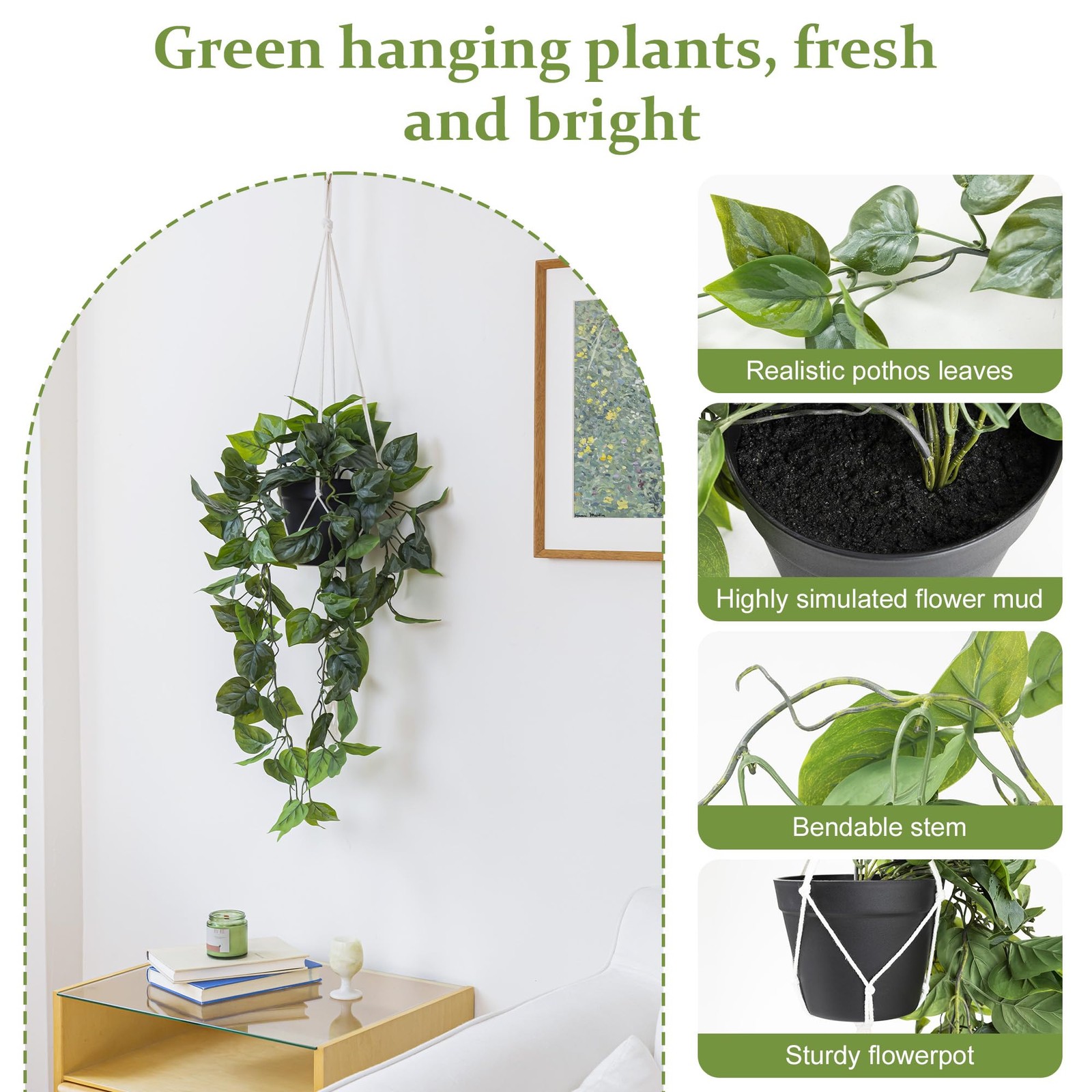 Artificial Pothos Hanging Plant, Fake Pothos with Woven Net, Realistic Faux I…