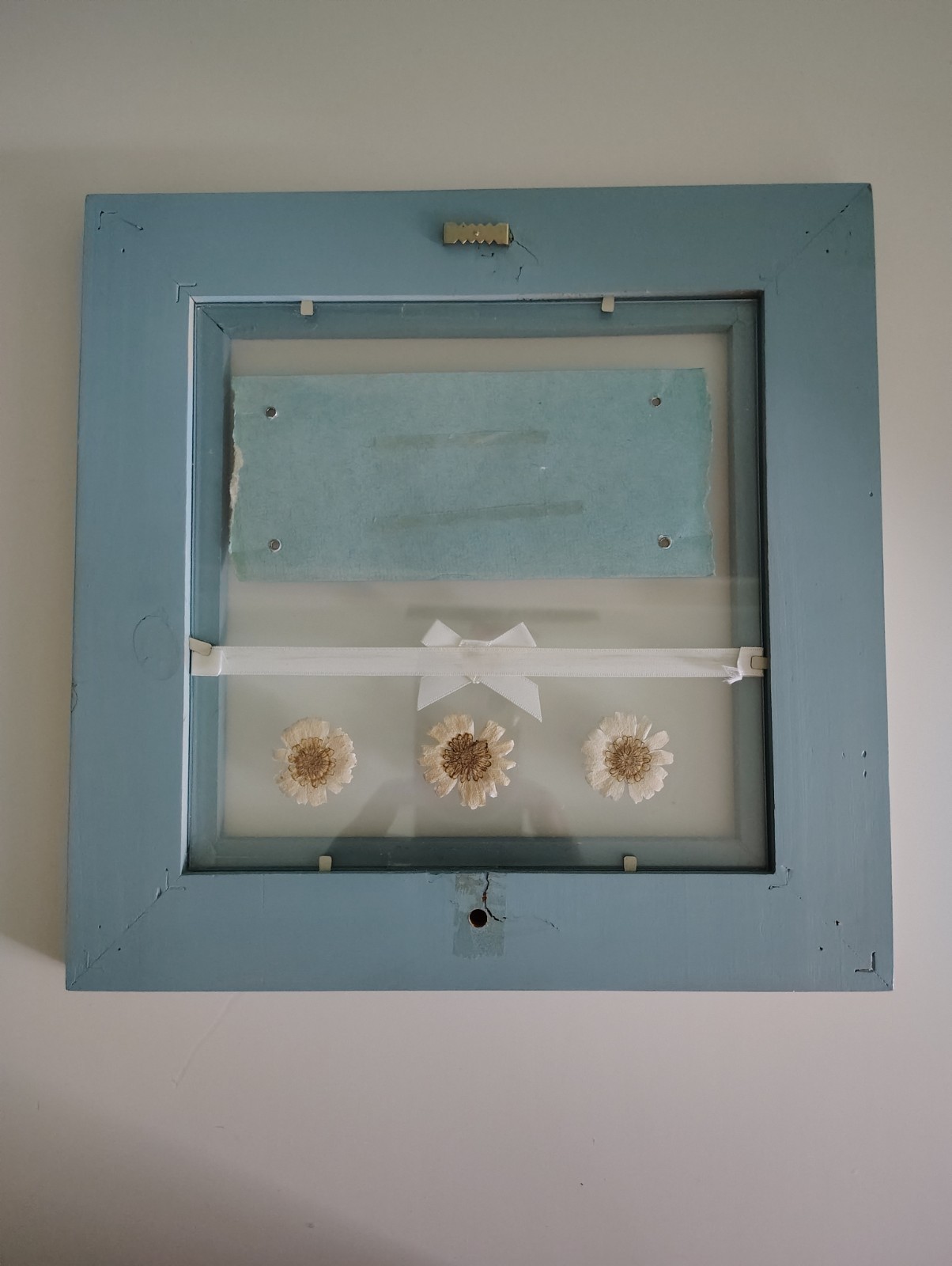 Dried Flowers Encased In Glass w/Quote In Rustic Wood Blue Frame Shabby Chic