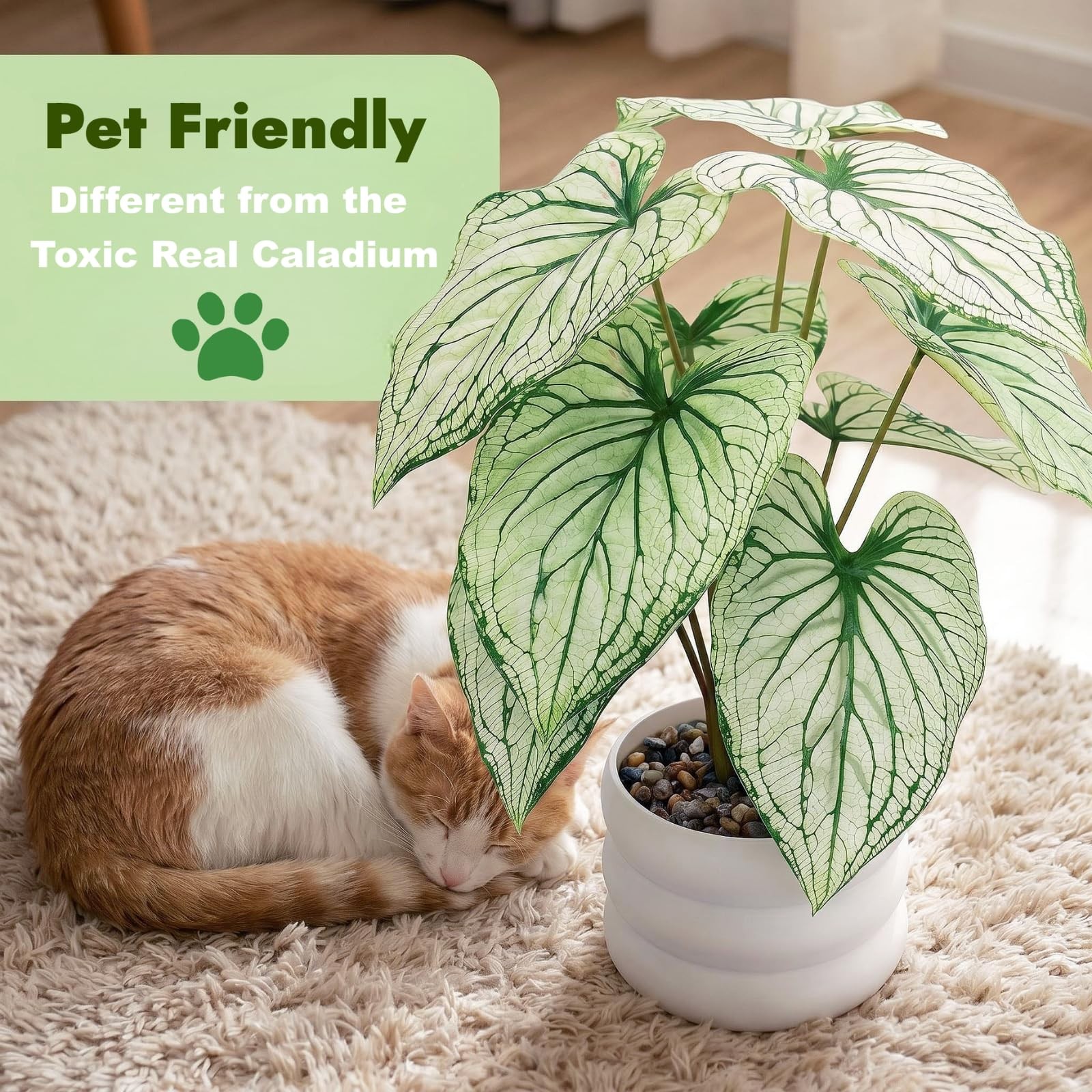 Faux Caladium Bicolor Plants in White Pot, 15.7″ Tall Fake Alocasia Potted Se…