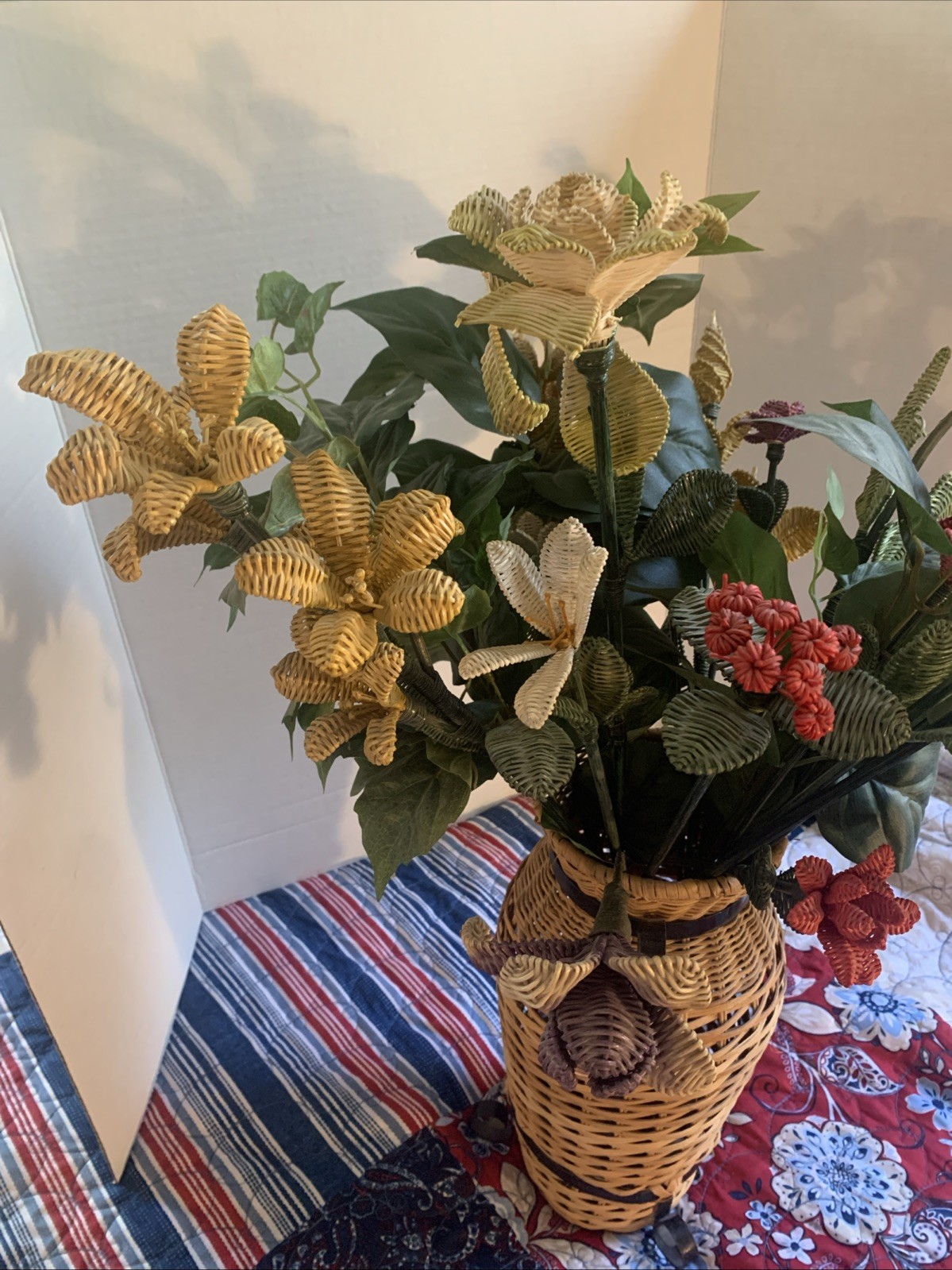 Handcrafted RARE Artificial Flowers Made of Wicker Rattan- Vintage READ