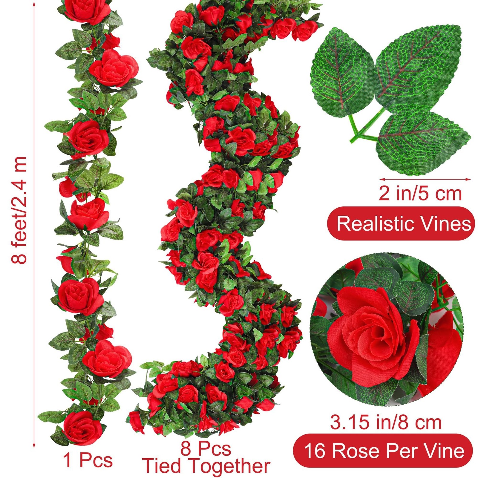 Aneco 8 Pack 64 FT Red Flower Garland Kentucky Artificial Rose Vines Derby