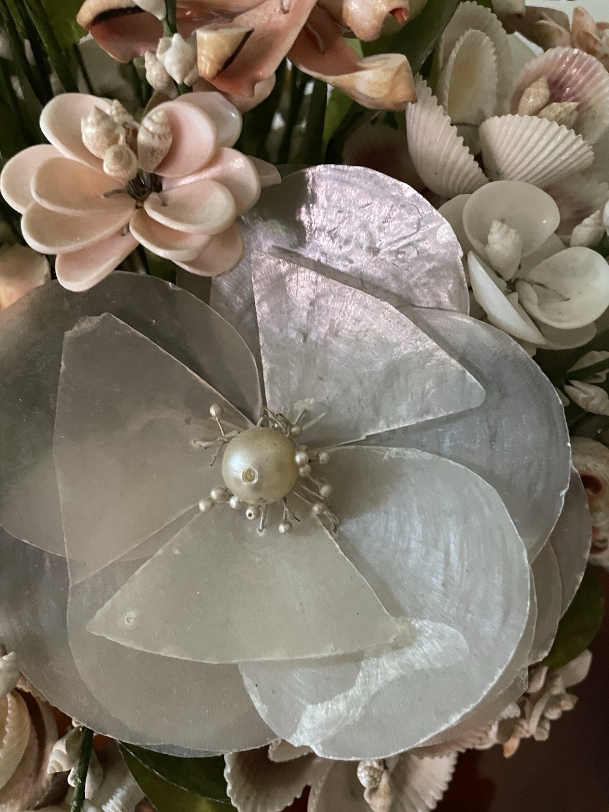17″ Vintage Floral Centerpiece Seashells Flower Bouquet Arrangement capiz coral
