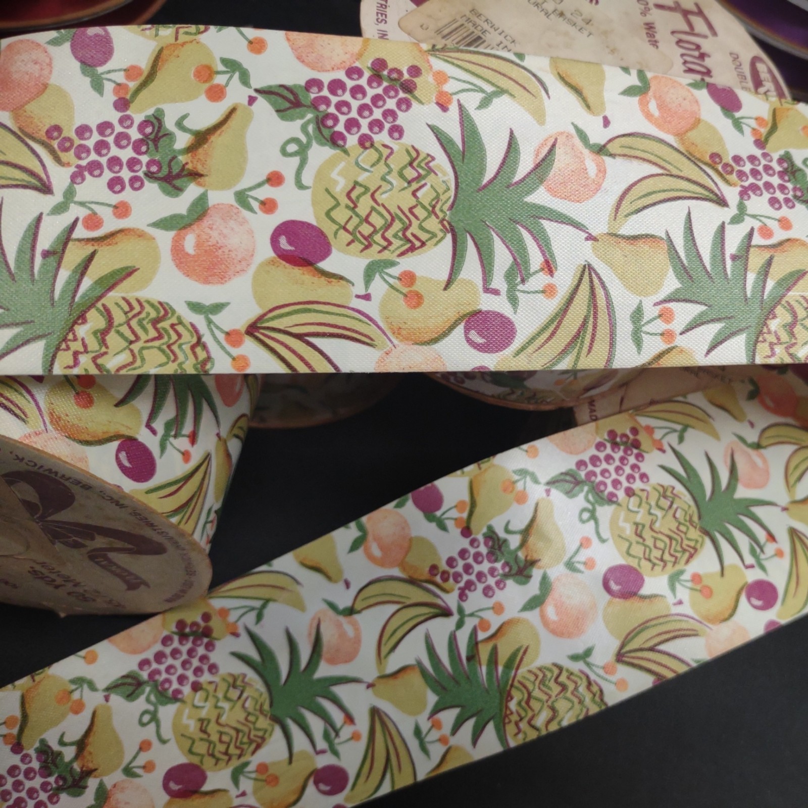 1970s Vintage Berwick Ribbon, 50 Yards, Pineapple🍍 Fruit, Double-Sided Print