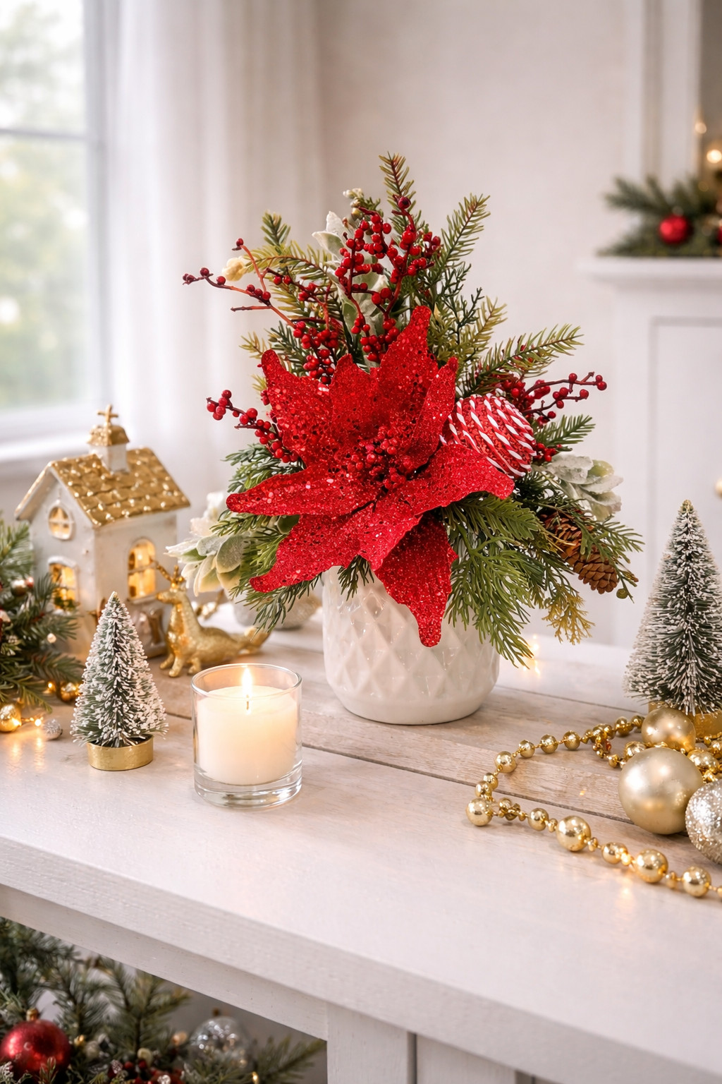 Red Poinsettia Christmas Floral arrangement, Holiday Floral Arrangement, Winter