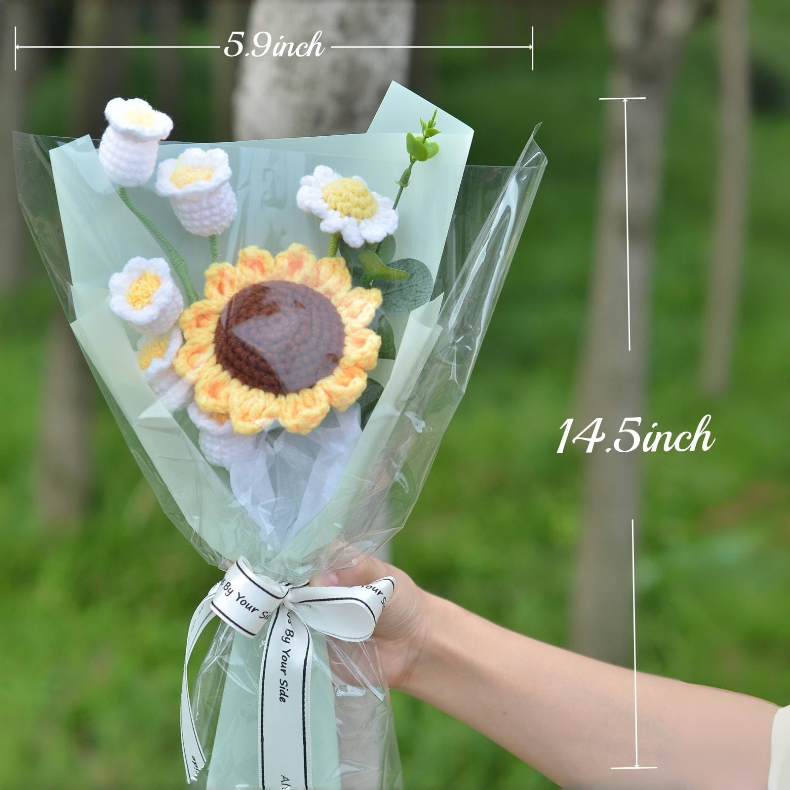 Crochet Flowers Bouquet,Hand Knitted Sunflower Daisy Lily of The Valley,Etern…