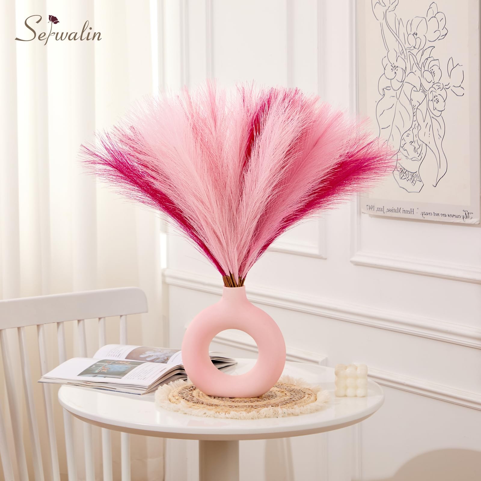 60Pcs Hot Pink & Blush & Pink Pampas Grass Decor, 17.7” Faux Pampas Grass, A…