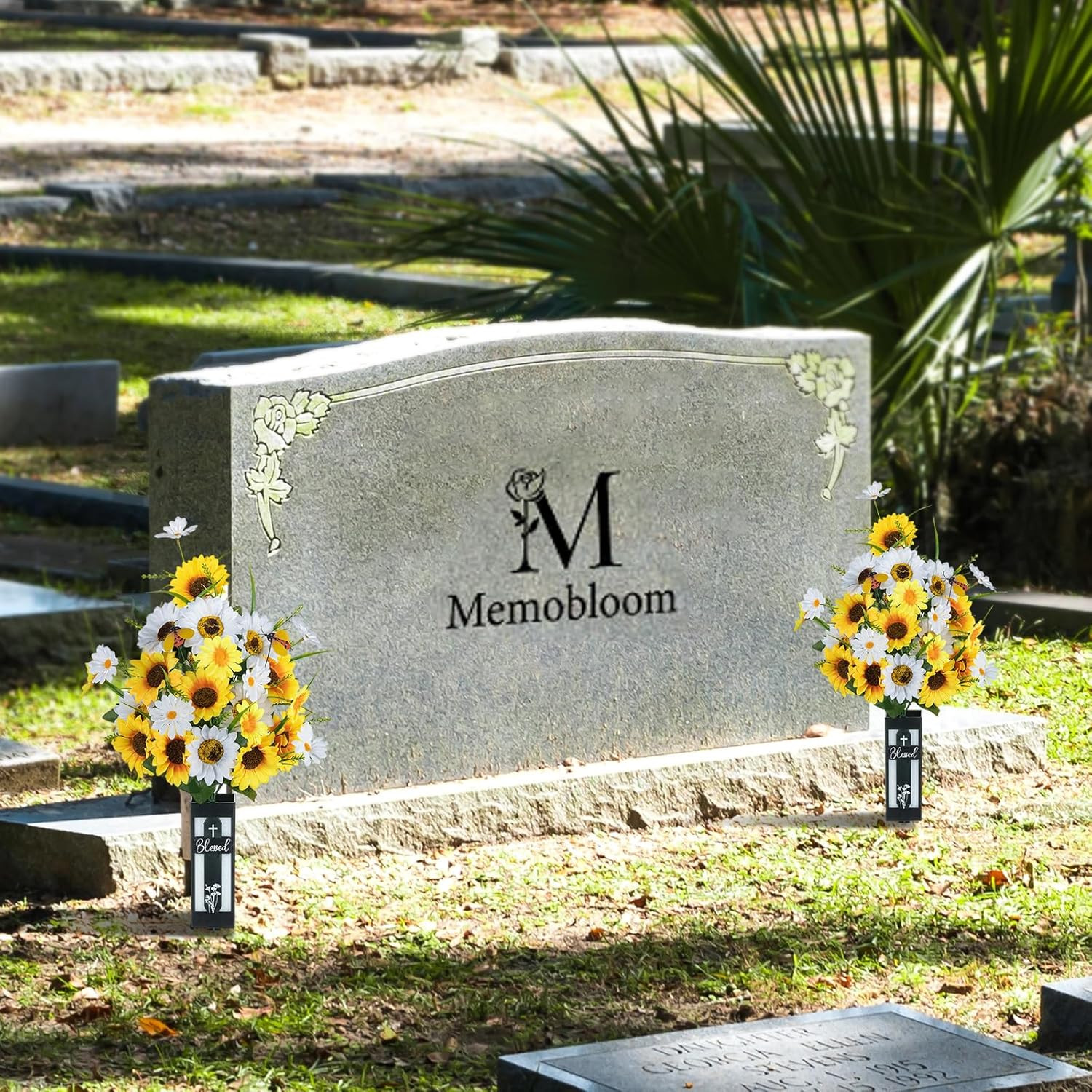Artificial Cemetery Flowers for Grave: 2 Pcs Yellow White Sunflower Grave Flower