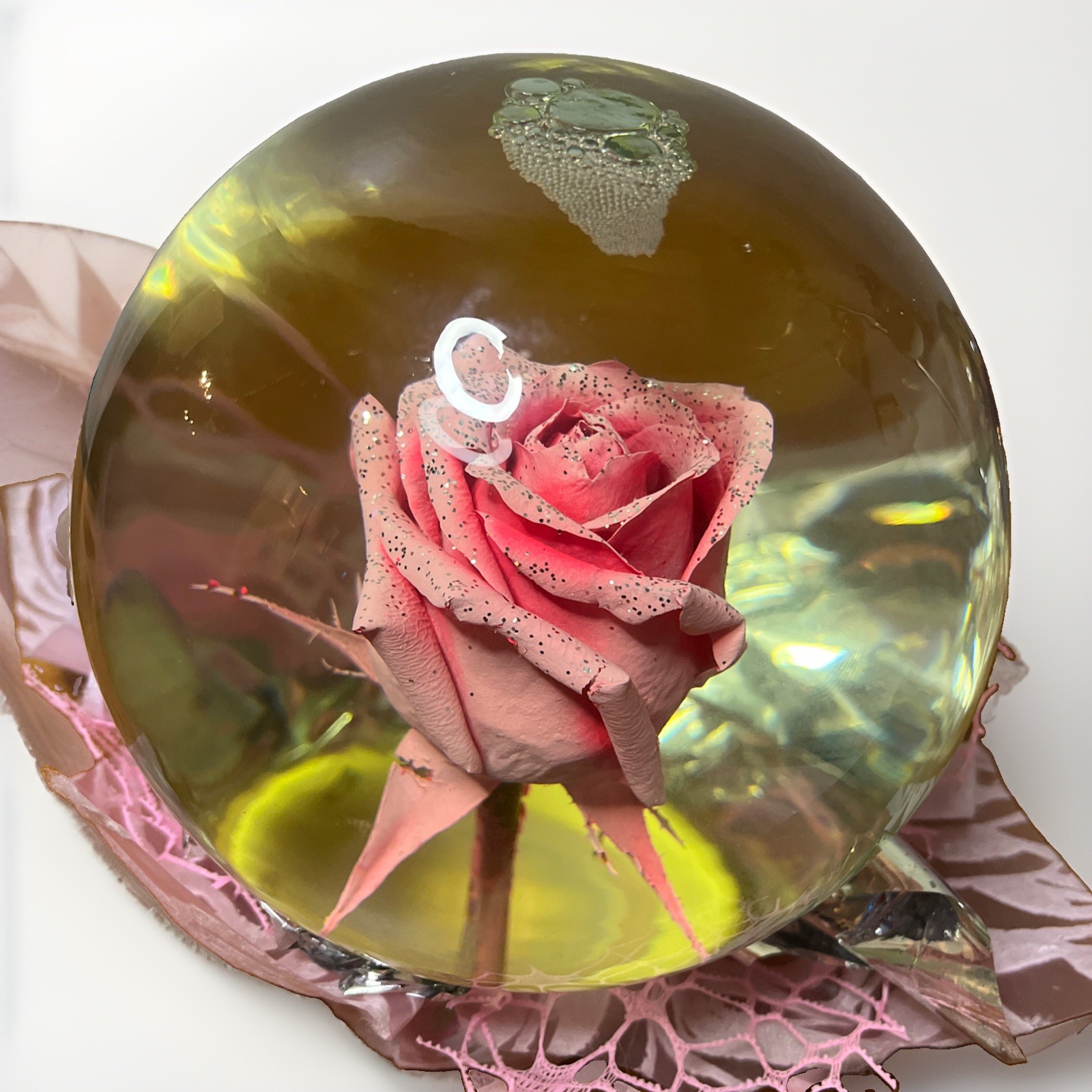Forever ROSE/PINK In Glass Ball Water Dome Globe Large Real Rose 6”