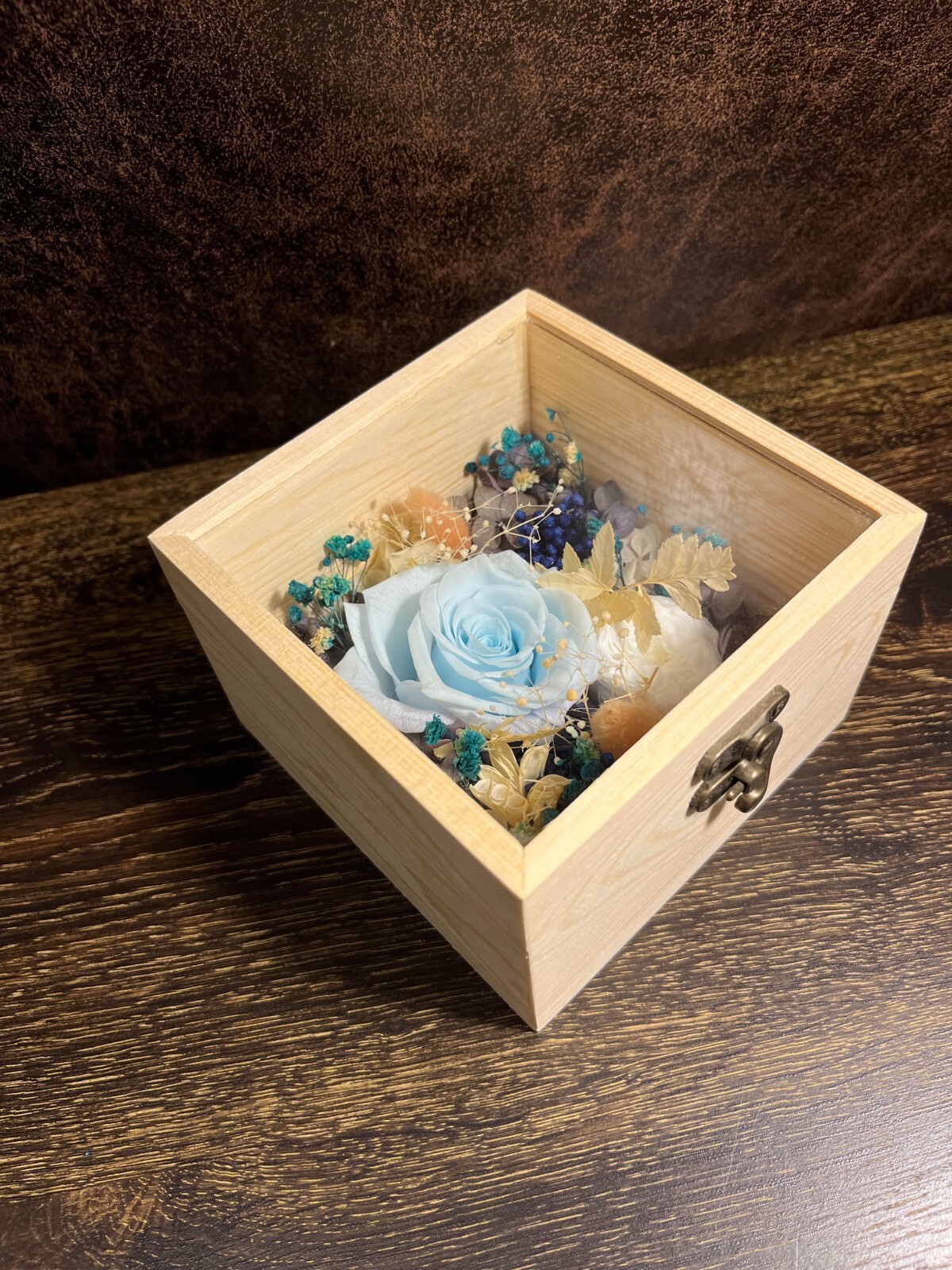 Pale Blue Rose Preserved flower Glass Clamshell Wooden Box Holiday Gift Giving