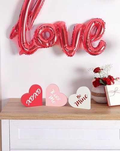 Valentines Day Decorations – 3 Pcs Large Wood Heart Shape Signs, Conversation