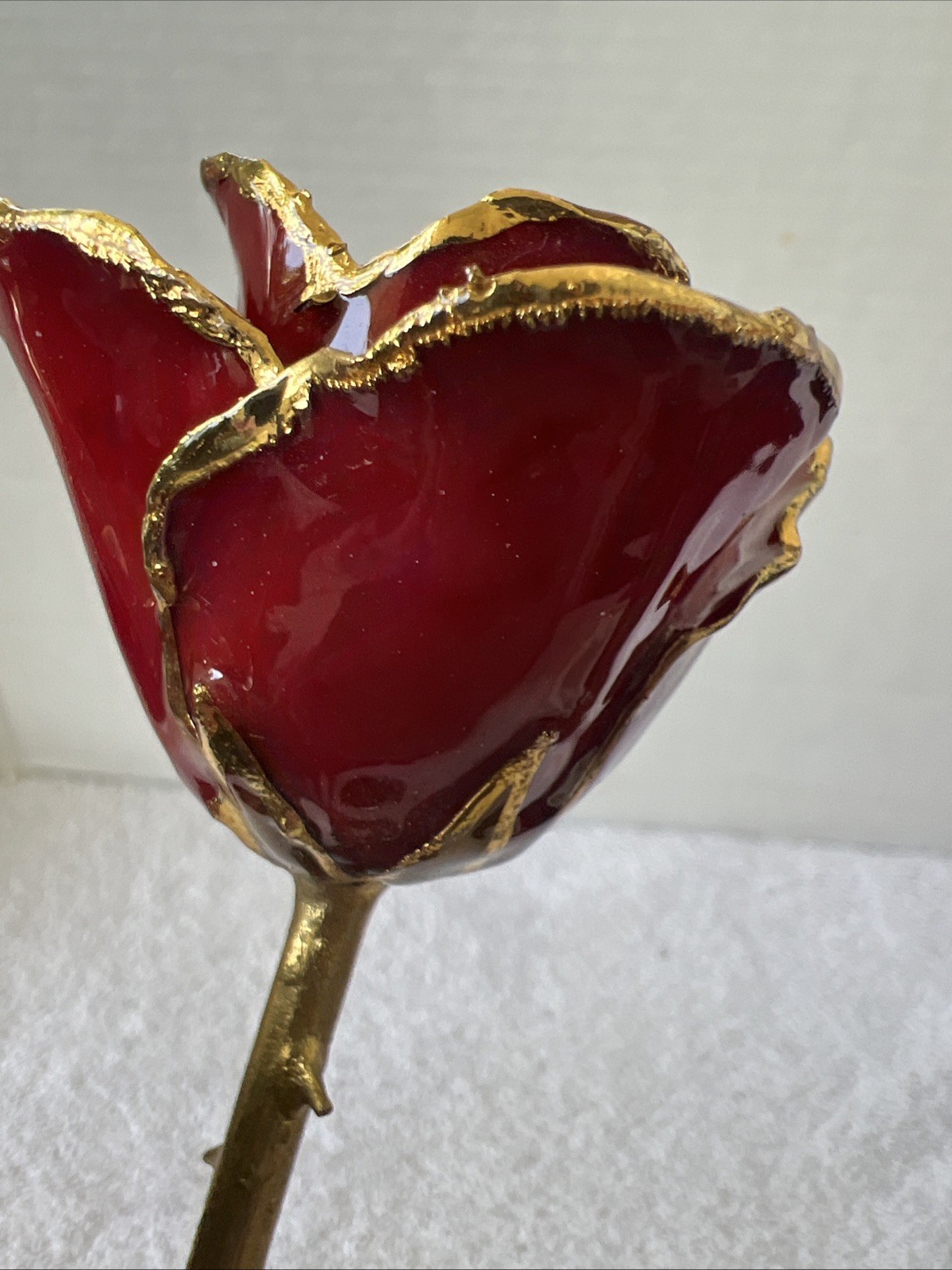 Handcrafted Preserved Red Rose Gloss Laquered With 24K Gold Plated Trimmed