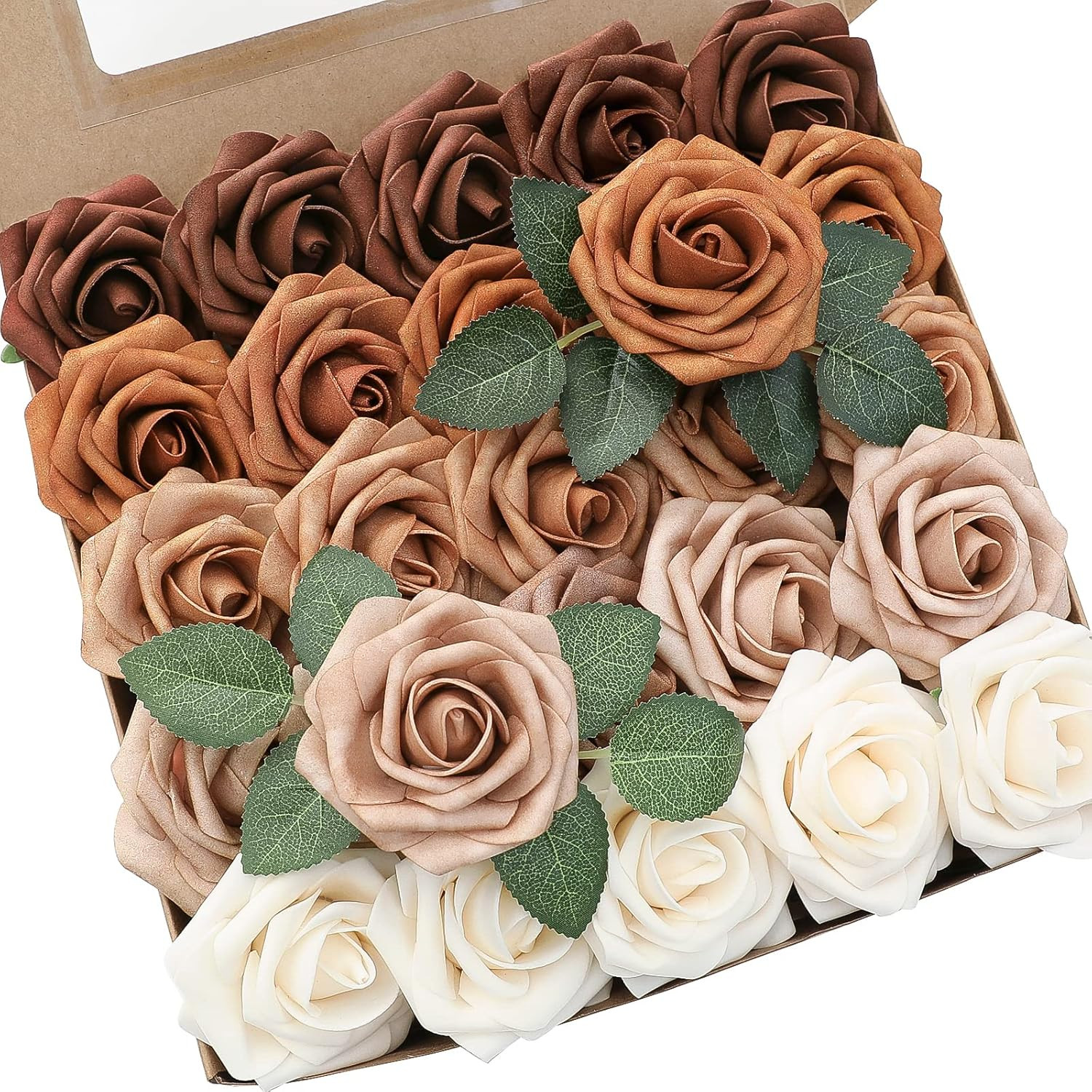 Artificial Flowers 25Pcs Real Looking Earth Tones Ombre Colors Foam Fake Roses w