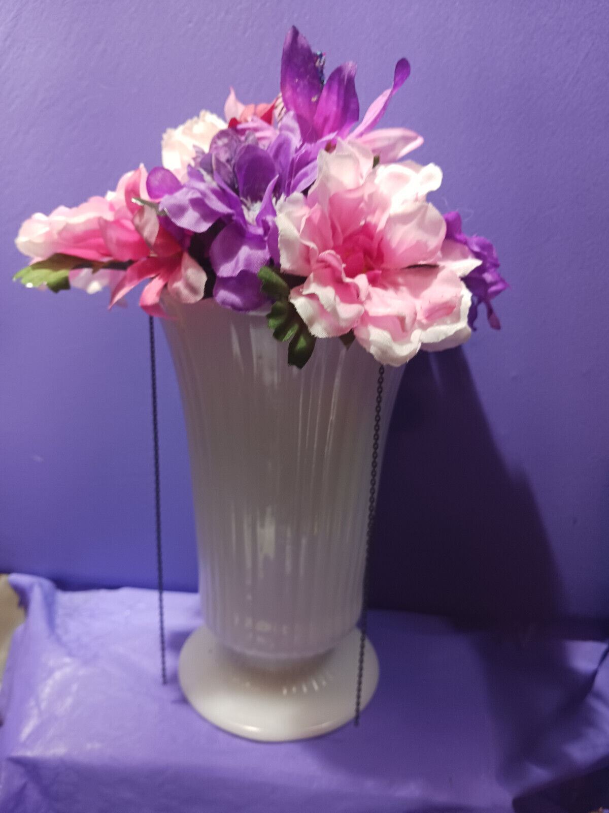 Artificial Flower Arrangement Vintage White Milk Glass Vase W/blue Chain
