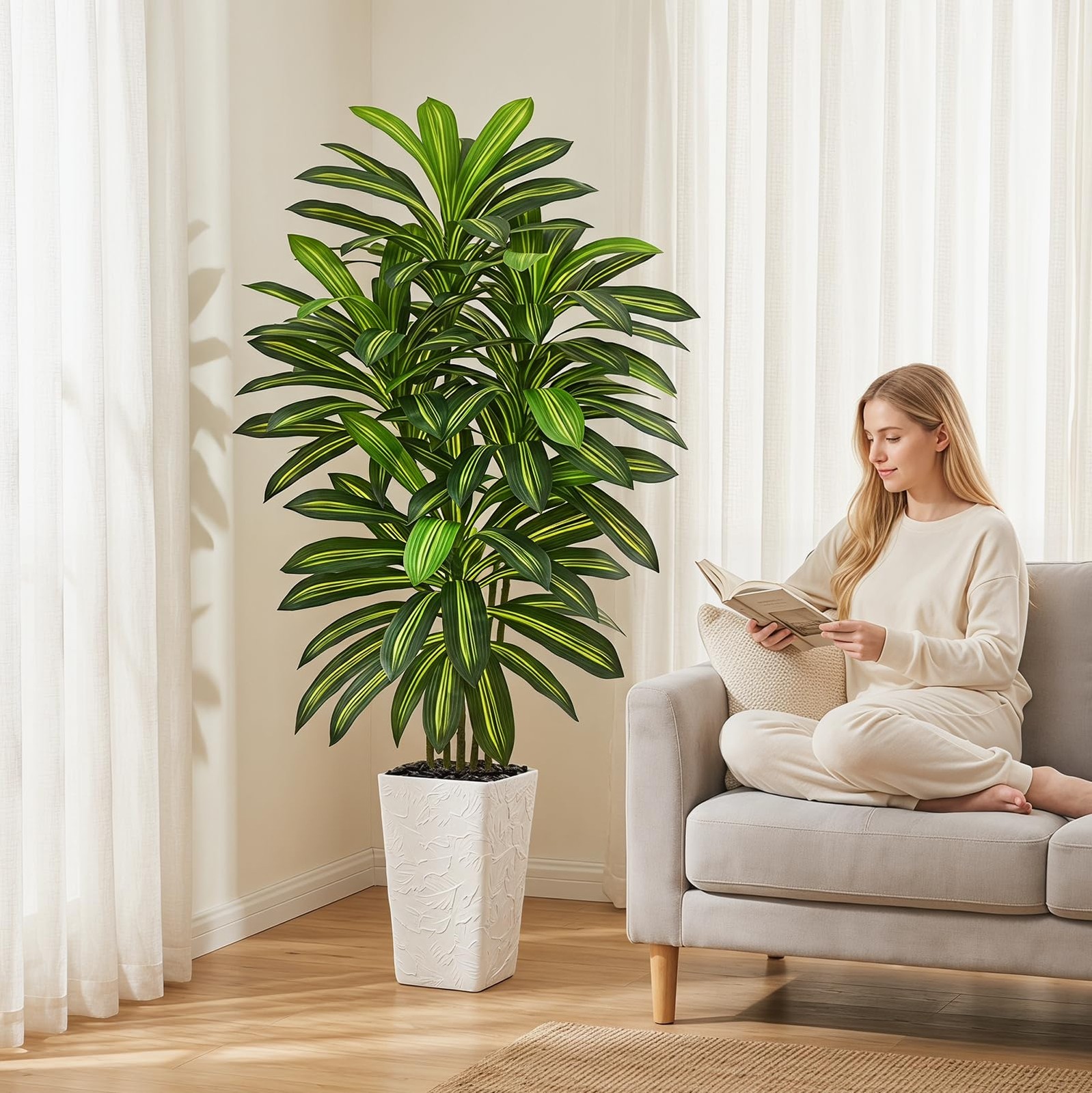 Zyfera Artificial Dracaena Tree 5FT – Fake Tree with White Tall Planter – Art…