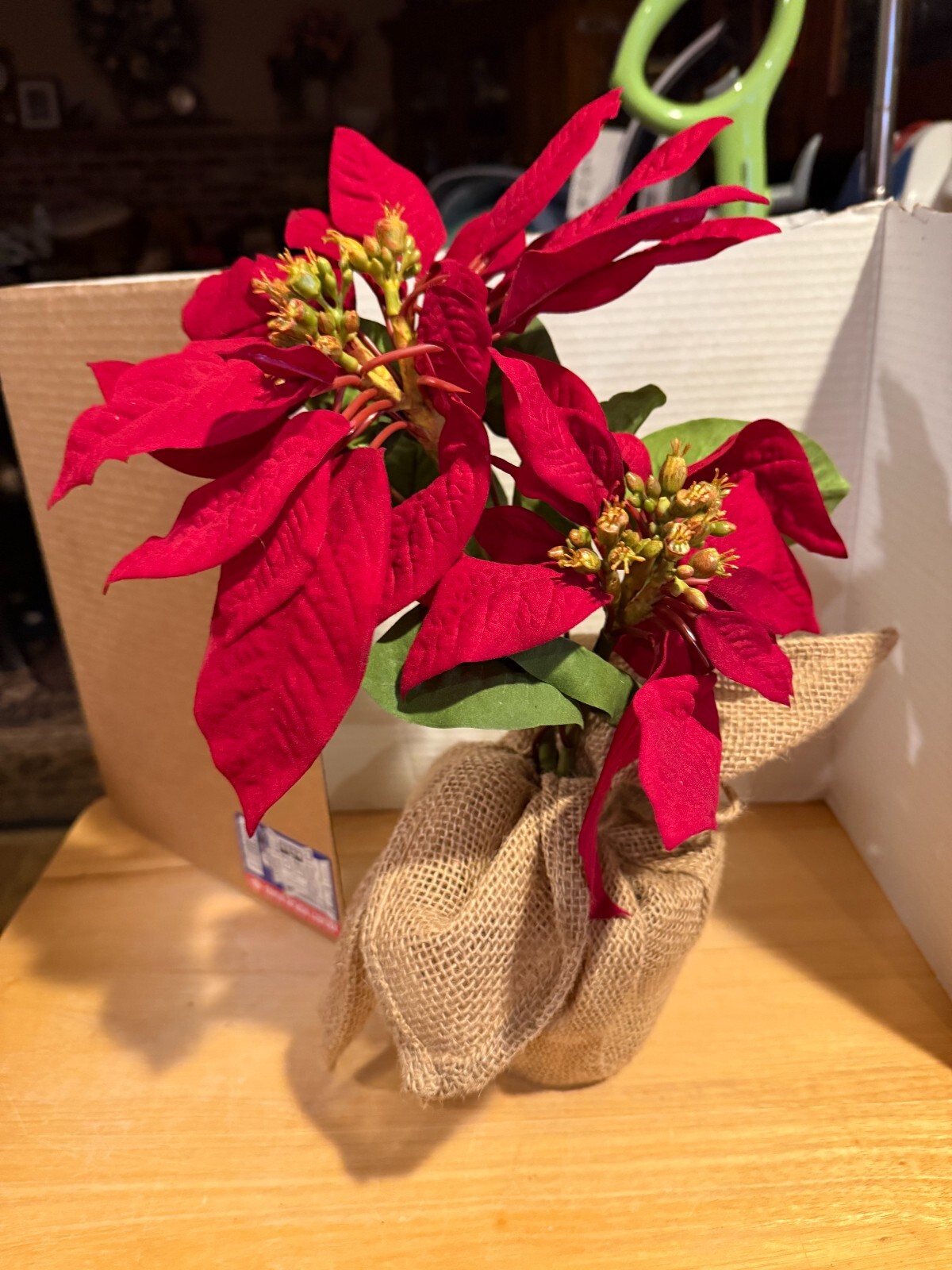 Lot Of 2 Poinsettias In Pot Artificial Floral Holiday Decor Decoration BURLAP BO