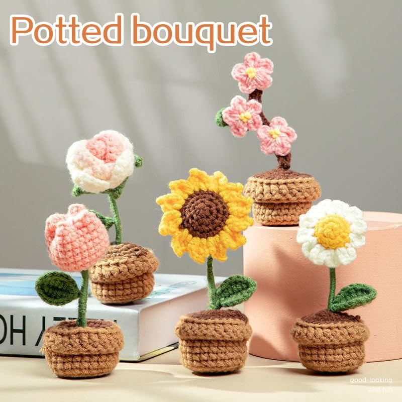 3PCS Mini Crochet Rose Potted Plant,Hand Knitted Pink Plum Blossom Lily of Th…