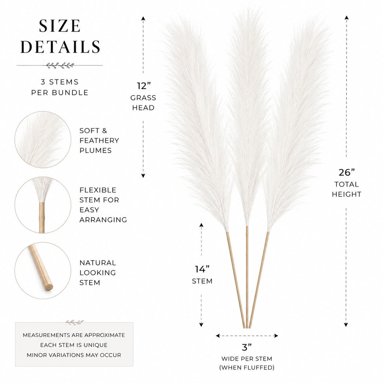 White Faux Pampas Grass Bundle | 3 Artificial Pampas Stems | White Home Decor |
