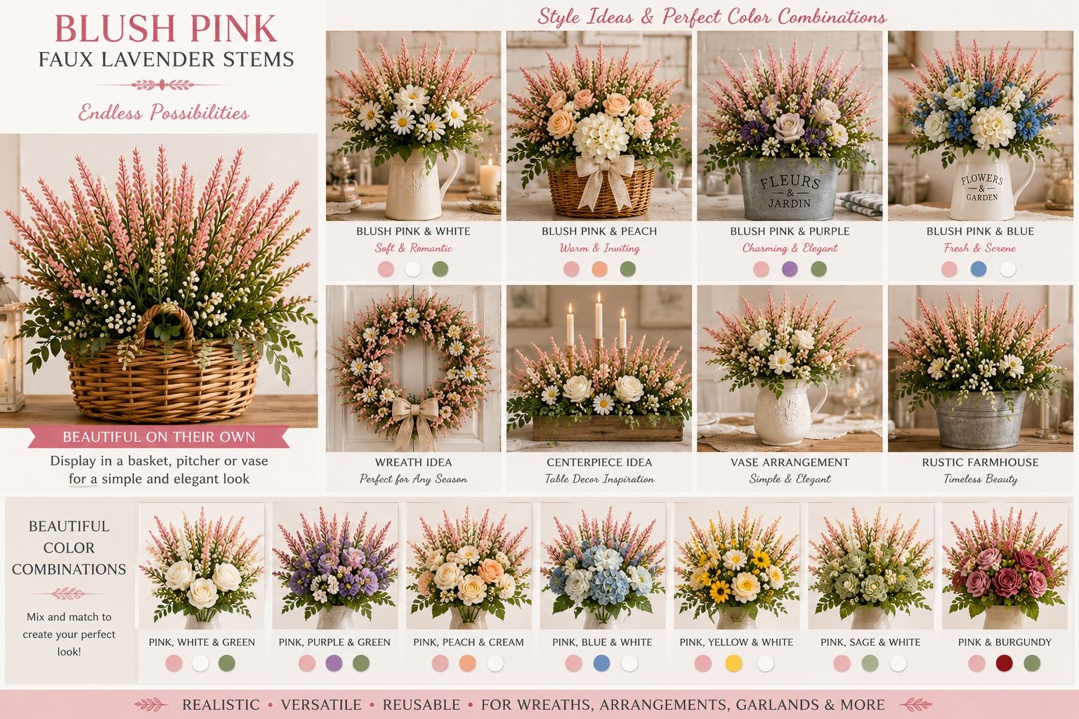 Blush Pink Faux Lavender Stems Artificial Heather Bush Floral Filler Wreath Flow