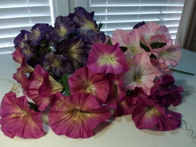 Eight Beautiful Purple and Pink Morning Glory Artificial Fabric Flower Bunches