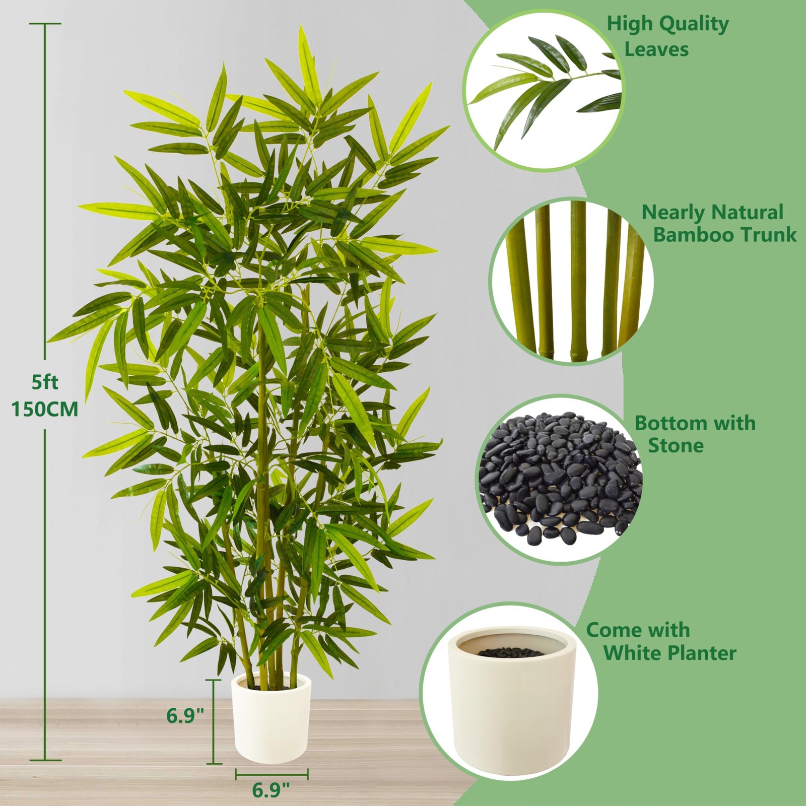 Warmplants Fake Bamboo Tree 5ft Green Artificial Plant White Planter BAM5B