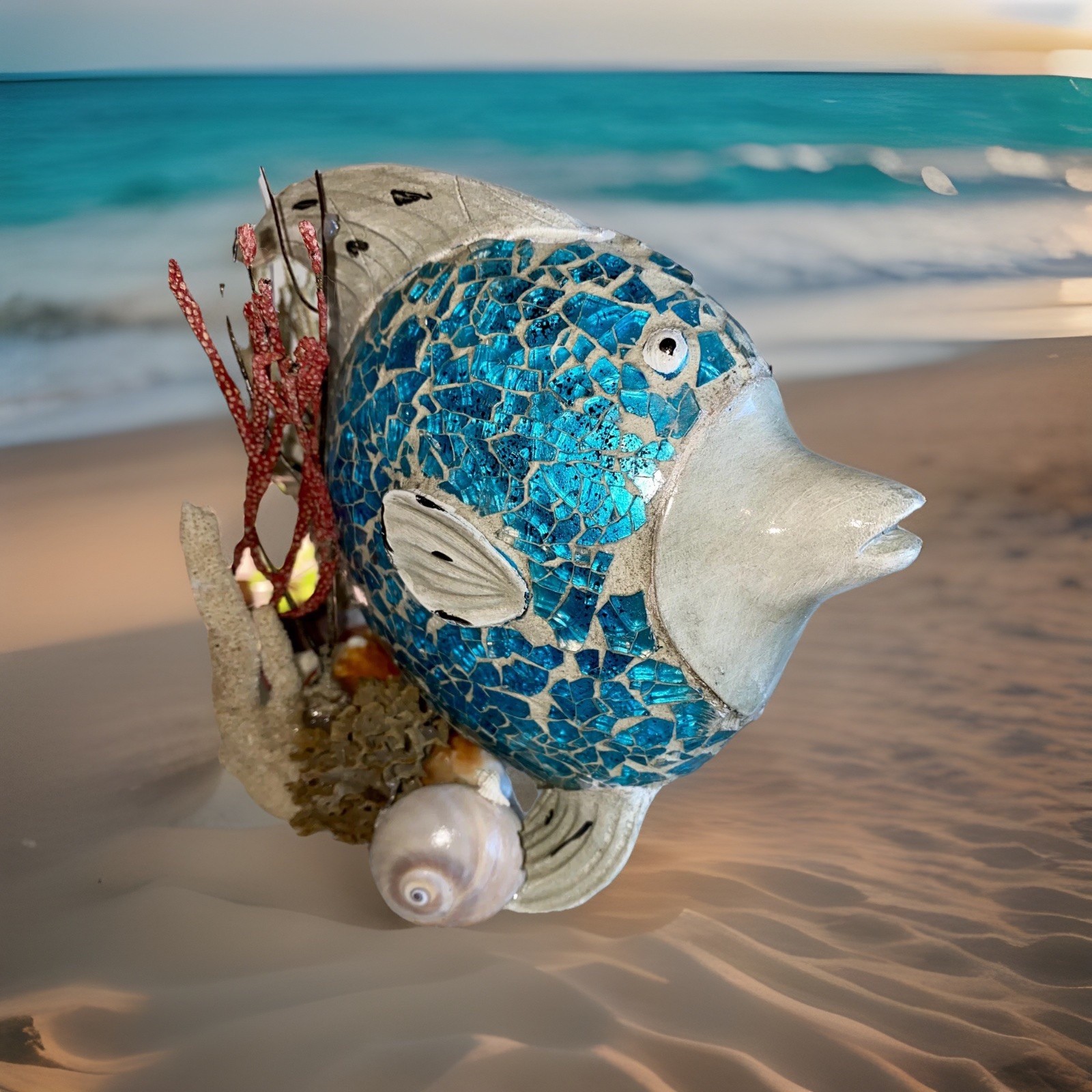 Under The Sea Teal Fish Arrangement, Table Art, Swimming Fish, Seashells