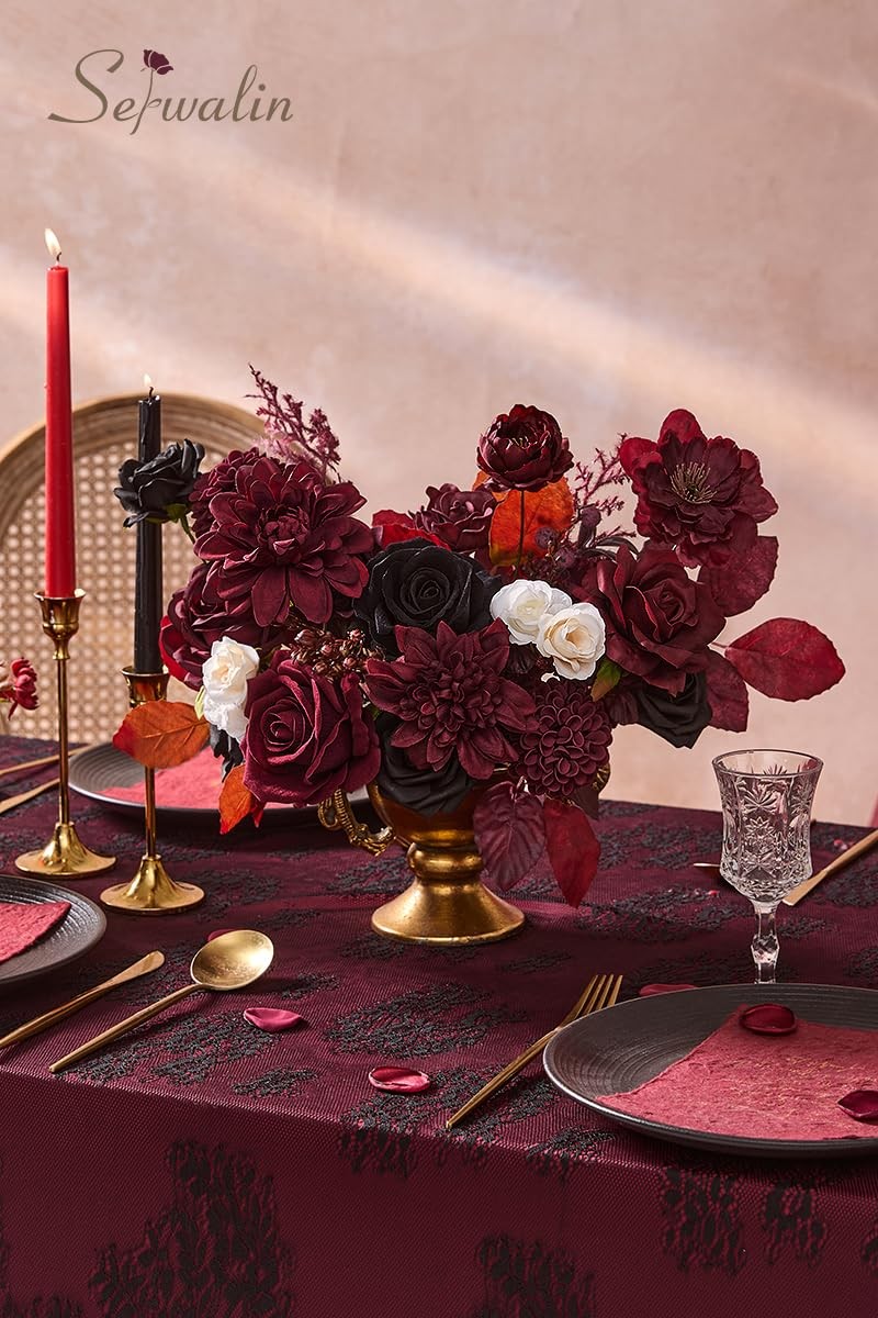 Artificial Burgundy Black Flowers Red Rose Silk Bridal Bouquet Table Decor