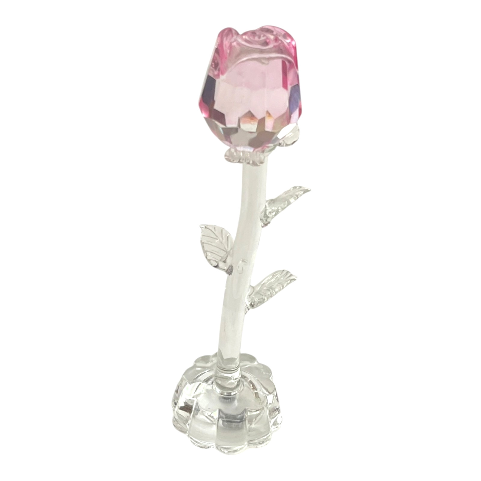 7.5″ Pink Crystal Glass Rose Figurine Closed Bud Long Stem Flower Sculpture