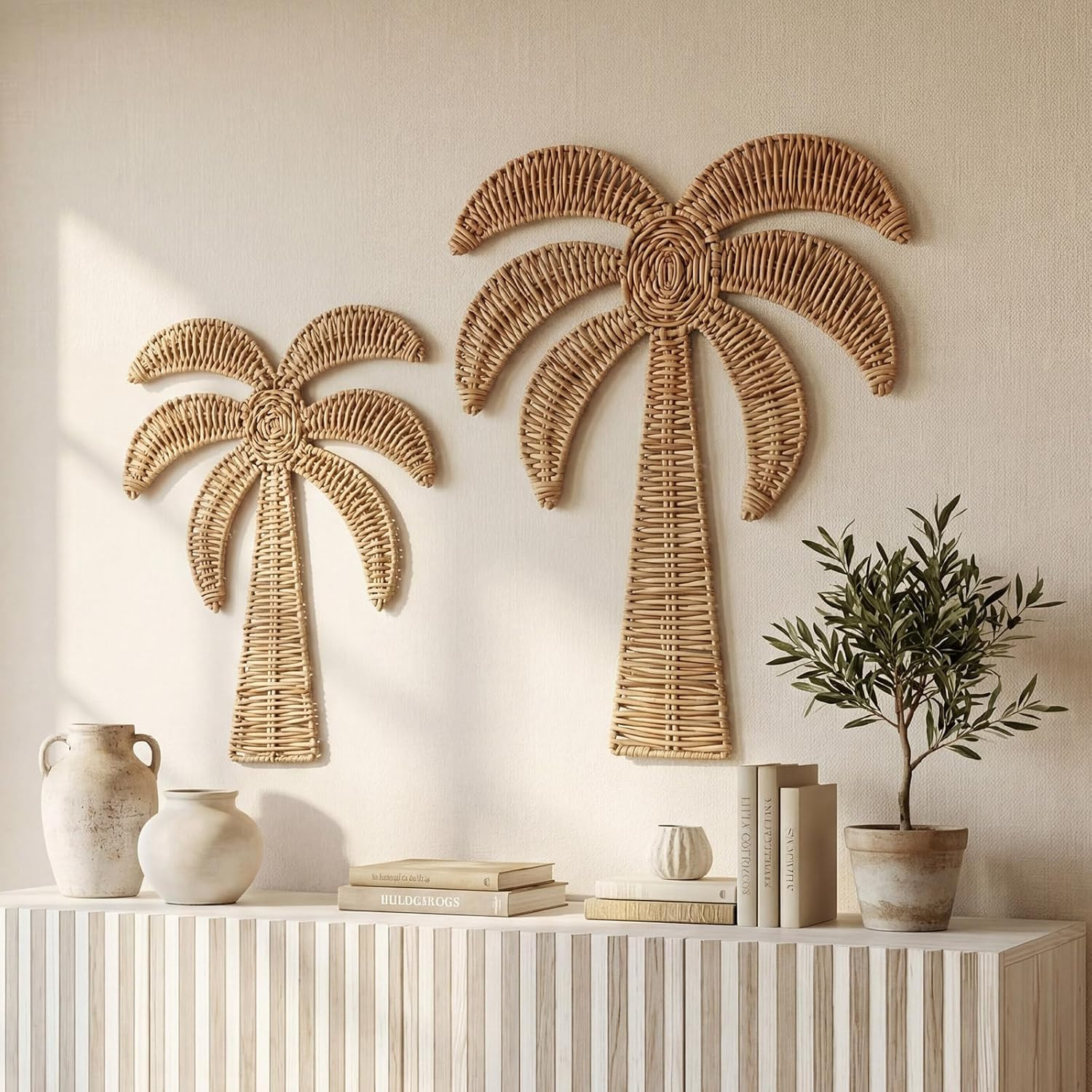 Coastal Rattan Palm Tree Wall Decor – 2 Pcs for Boho Beach Vibes