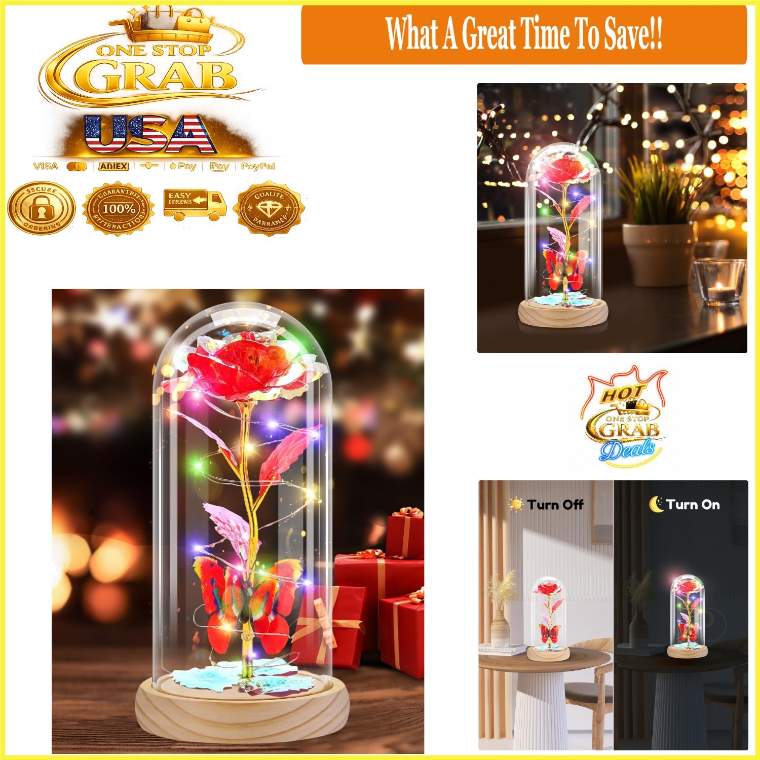 Preserved Artificial Rose Lamp with LED Lights, Glass & Wood Base, Gifts for …